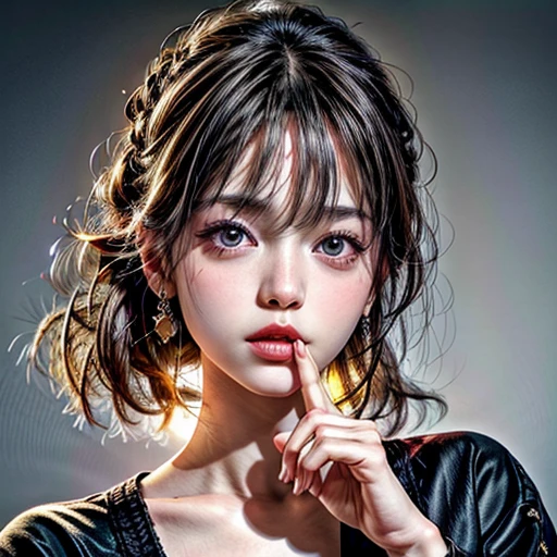 (highest quality,Super detailed,Physically Based Rendering:1.2), (RAW, Realistic, Photorealistic:1.37), (Acutance:0.85),Portraiture,Beautiful young woman with Delicate facial features,Soft lighting, ((Playfully licking finger with tongue, Gently placing a finger in the mouth)), (Close-up shot of sensual lips),Cheeks turn slightly red,A gentle and captivating gaze, cute BabyLike finger . Studio gray background, Light Particles, many blurred colorful Lights (dazzling bokeH) . BREAK . (((NOGIZAKA face variations))) Extremely Detailed very KAWAII face variations, elaborate detailed Eyes with (sparkling highlights:1.2), (Voluminous long eyelashes:0.9)、Glossy RED Lips with beautiful details, Coquettish tongue, Rosy cheeks, Radiant PearlSkin with clear transparency, (Natural:0.7) Detailed FlawlessSkin with glowing DowneyHair . { (Dynamic LifeLike expressions) | :d) }, (large eyes:-1) . mouth_hold