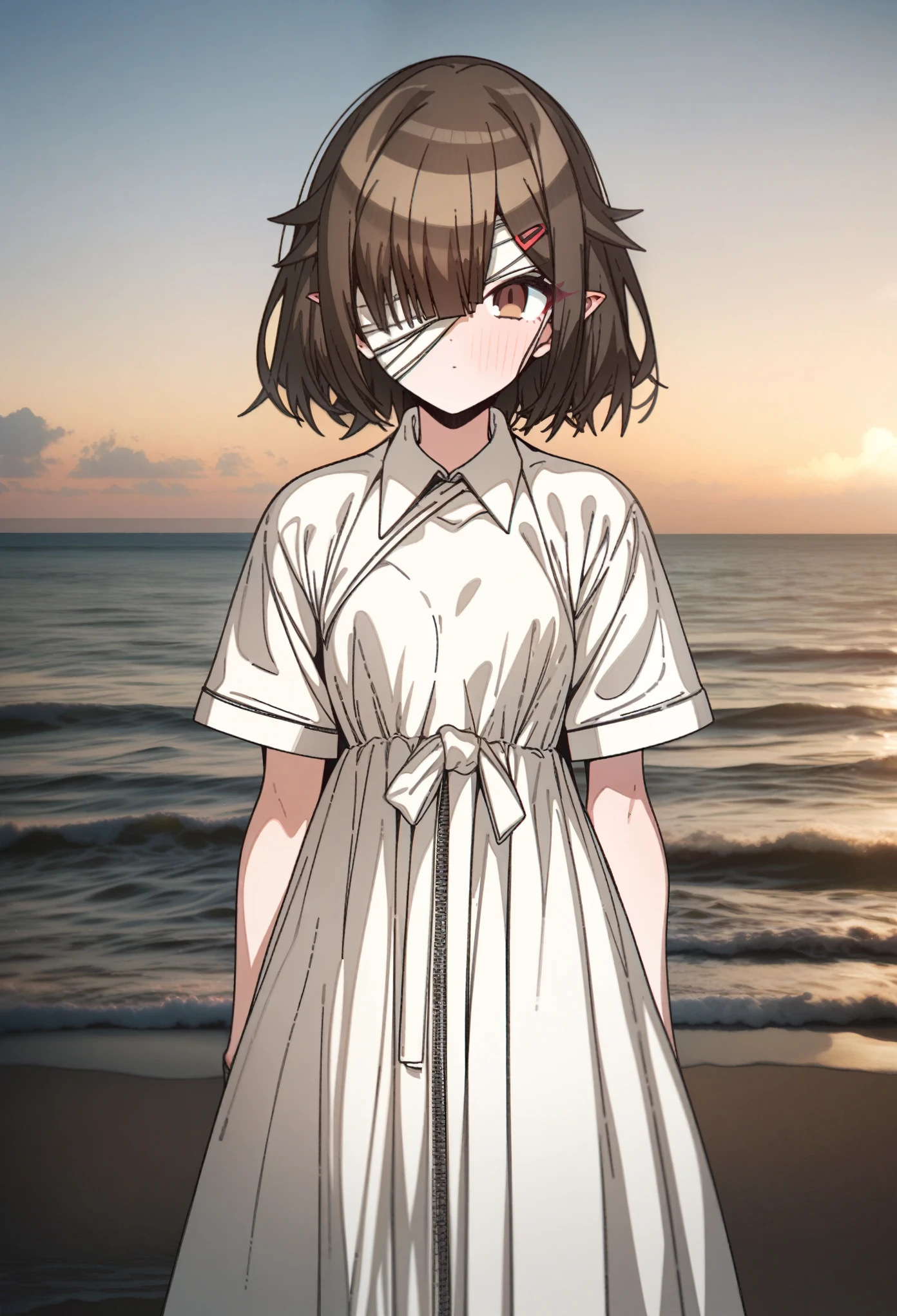 hoshino_(blue_archive) with brown hair and brown eyes, Artist, erere, Copyrights, idolmaster, idolmaster_shiny_colors, Character, General, 1girl, brown_hair, blunt_bangs, blush, medium_breasts, breasts, detailed eyelashes, beautiful girl:1, brown_eyes, censored, clouds, detailed background, white hostpital gown:2.1, hair_clip, bob, medium shot photography:1.1, standing in middle:1.1, sea, sky:1.5, round_eyes, detailed, outdoors, looking_at_viewer, masterpiece, best_quality, great_quality, girl, solo, center_composition, centered character, cute, (bandages_over_one_eye, bandaged_head), standing on the beach in the air