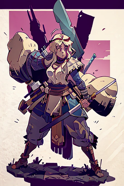 A very muscle and big viking woman wielding a giant sword