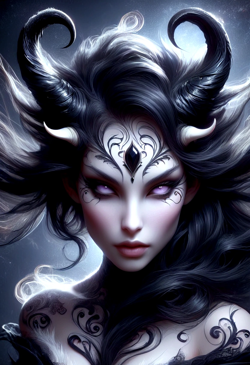 a close up of a woman in a black and white costume with horns, dark fantasy style art, beautiful succubus, extremely detailed artgerm, artgerm detailed, beautiful elegant demon queen, dark fantasy art, concept art | artgerm, raven winged female vampire, style artgerm, gothic fantasy art, in style of dark fantasy art