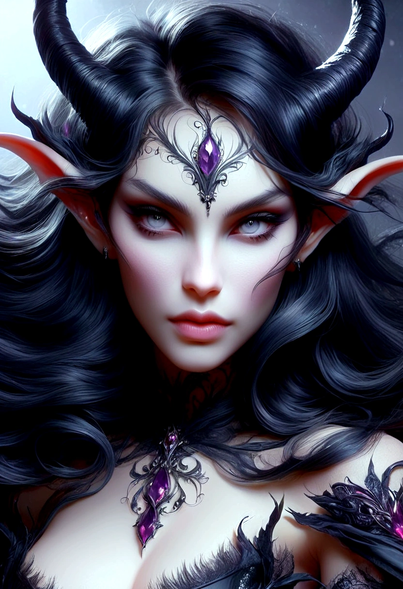 a close up of a woman in a black and white costume with horns, dark fantasy style art, beautiful succubus, extremely detailed artgerm, artgerm detailed, beautiful elegant demon queen, dark fantasy art, concept art | artgerm, raven winged female vampire, style artgerm, gothic fantasy art, in style of dark fantasy art