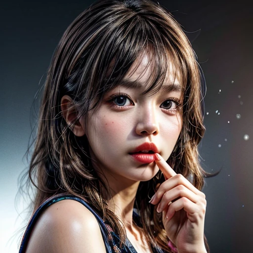 (highest quality,Super detailed,Physically Based Rendering:1.2), (RAW, Realistic, Photorealistic:1.37), (Acutance:0.85),Portraiture,Beautiful young woman with Delicate facial features,Soft lighting, ((Playfully licking finger with tongue, Gently placing a finger in the mouth)), (Close-up shot of sensual lips),Cheeks turn slightly red,A gentle and captivating gaze, cute BabyLike finger . Studio gray background, Light Particles, many blurred colorful Lights (dazzling bokeH) . BREAK . (((NOGIZAKA face variations))) Extremely Detailed very KAWAII face variations, elaborate detailed Eyes with (sparkling highlights:1.2), (Voluminous long eyelashes:0.9)、Glossy RED Lips with beautiful details, Coquettish tongue, Rosy cheeks, Radiant PearlSkin with clear transparency, (Natural:0.7) Detailed FlawlessSkin with glowing DowneyHair . { (Dynamic LifeLike expressions) | :d) }, (large eyes:-1) . mouth_hold