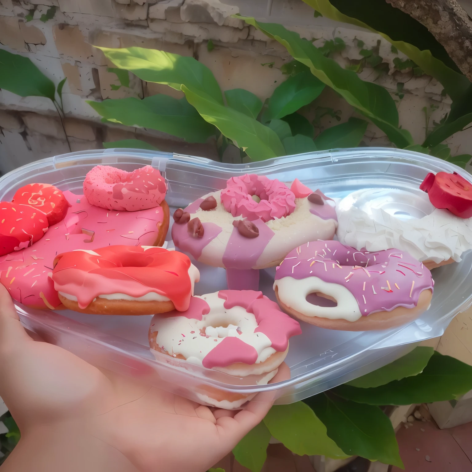 there are many donuts in a plastic container, rosa rosa rosa fosco donut, by Amélia Peláez, Delicioso, powder Nándor Katona, mmmmm, covered with pink marzipan, sonhadores, por Emma Andijewska, ❤🔥🍄🌪, by Amédée Ozenfant, doce, by Zsuzsa Máthé, aumente o tamanho da foto em 100% the resolution, em FULL HD