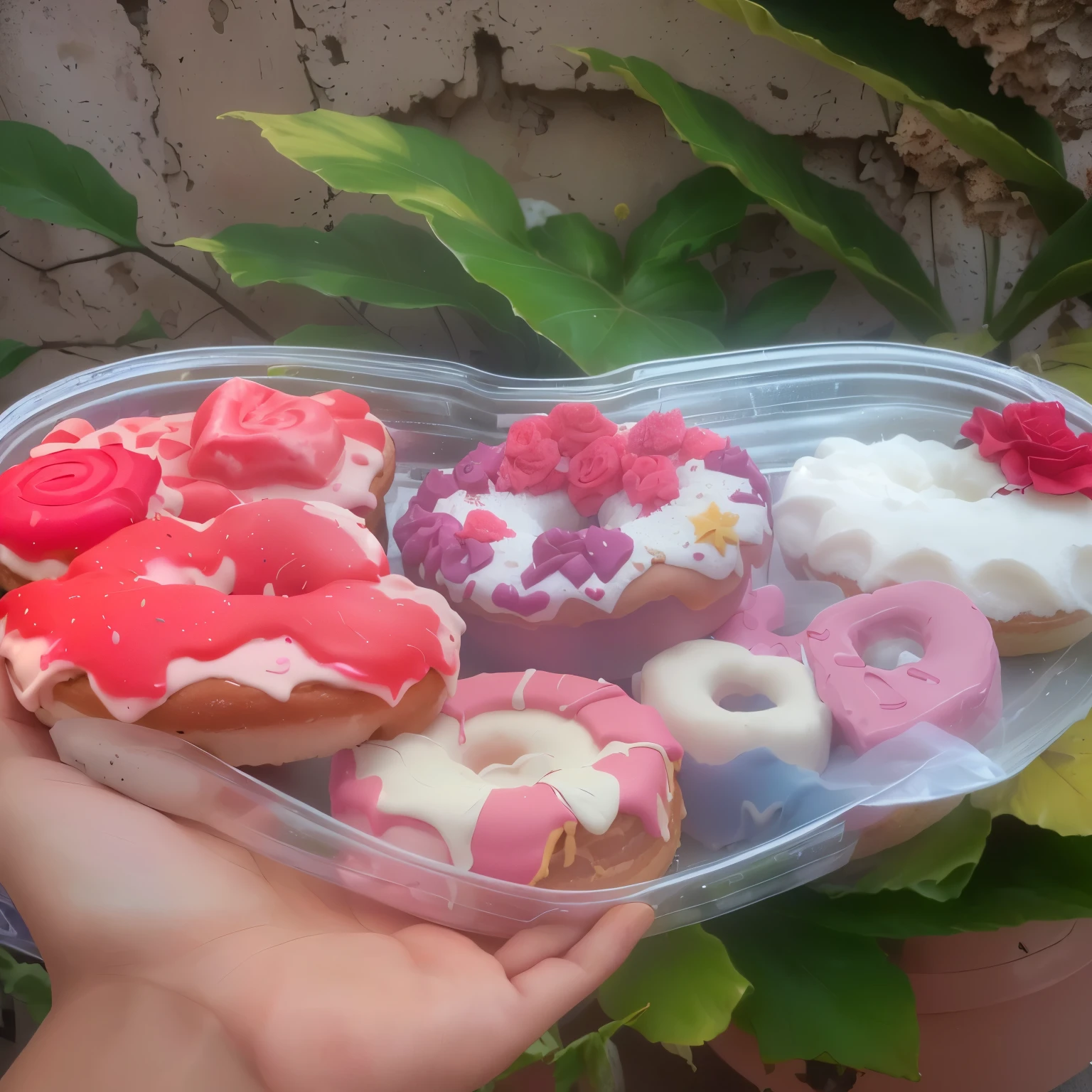 there are many donuts in a plastic container, rosa rosa rosa fosco donut, by Amélia Peláez, Delicioso, powder Nándor Katona, mmmmm, covered with pink marzipan, sonhadores, por Emma Andijewska, ❤🔥🍄🌪, by Amédée Ozenfant, doce, by Zsuzsa Máthé, aumente o tamanho da foto em 100% the resolution, em FULL HD