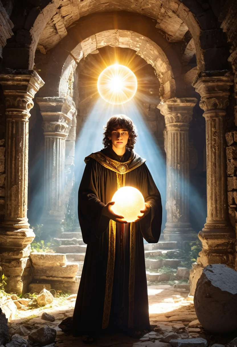 Young sorcerer with ball of light in hand floating and shining,  in the ruins