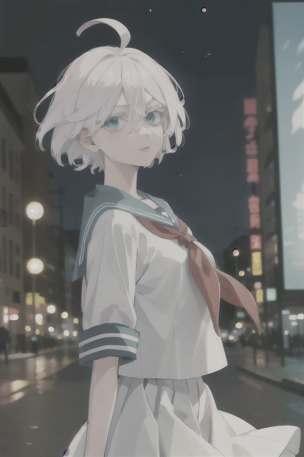 masterpiece, best quality, highres, 1girl, solo, short hair, white hair, floating hair, ahoge, hair between eyes, colored eyelashes, aqua eyes, serafuku, sailor collar, red neckerchief, shirt, short sleeves, standing, cowboy shot, outdoors, street, night