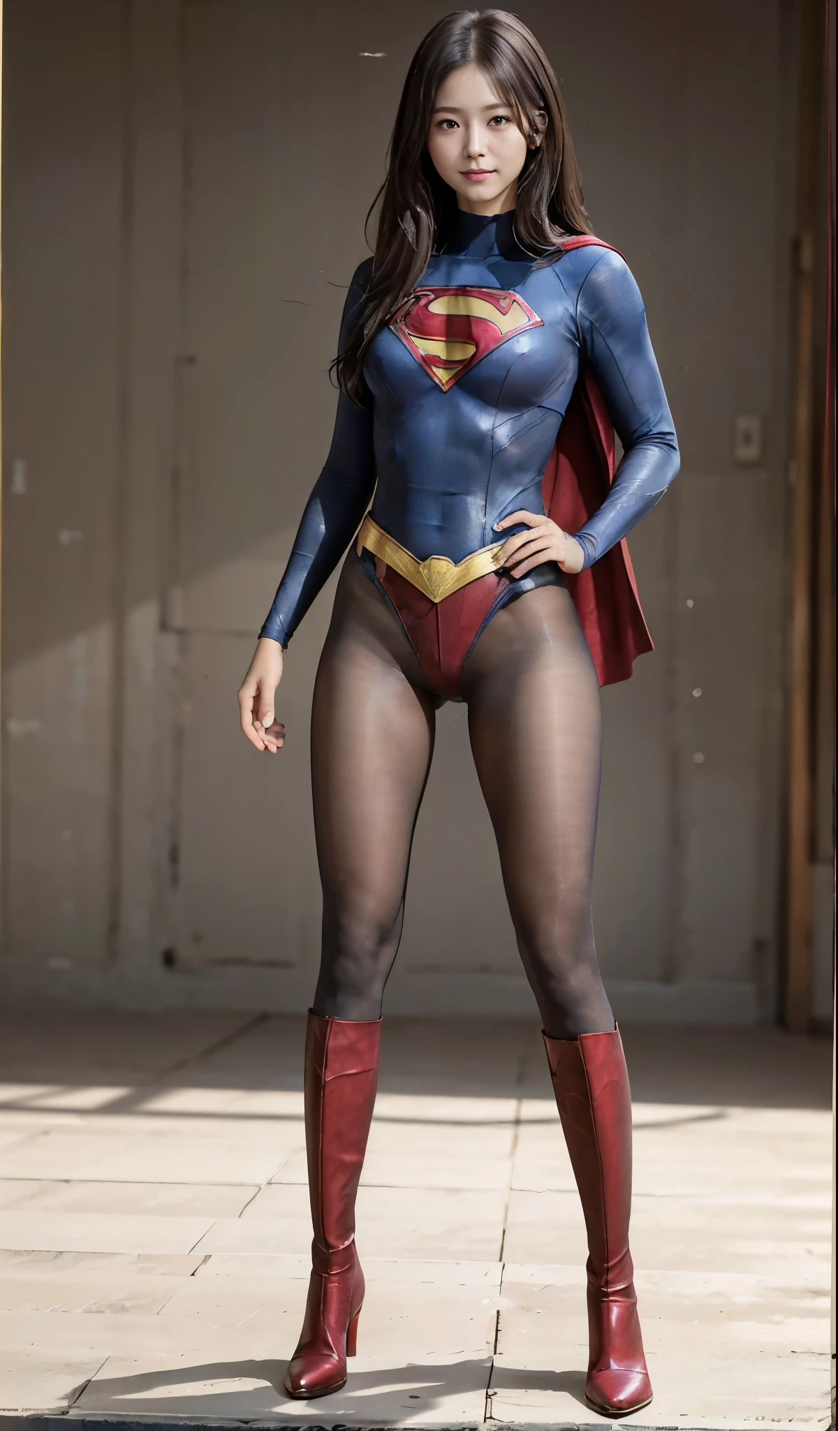 No background、(((Beautiful legs in black tights.)))、(((Legally express the beauty of your smile)))、((((Make the most of your original images)))、(((Supergirl Costume)))、(((Beautiful Hair)))、(((suffering)))、(((Please wear black tights....、Wear red boots)))、((Best image quality、8k))、((highest quality、8k、masterpiece:1.3))、(((Preserve background )))、Sharp focus:1.2、Beautiful woman with perfect figure:1.4、Slim Abs:1.2、Wet body:1.5、Highly detailed face and skin texture、8k