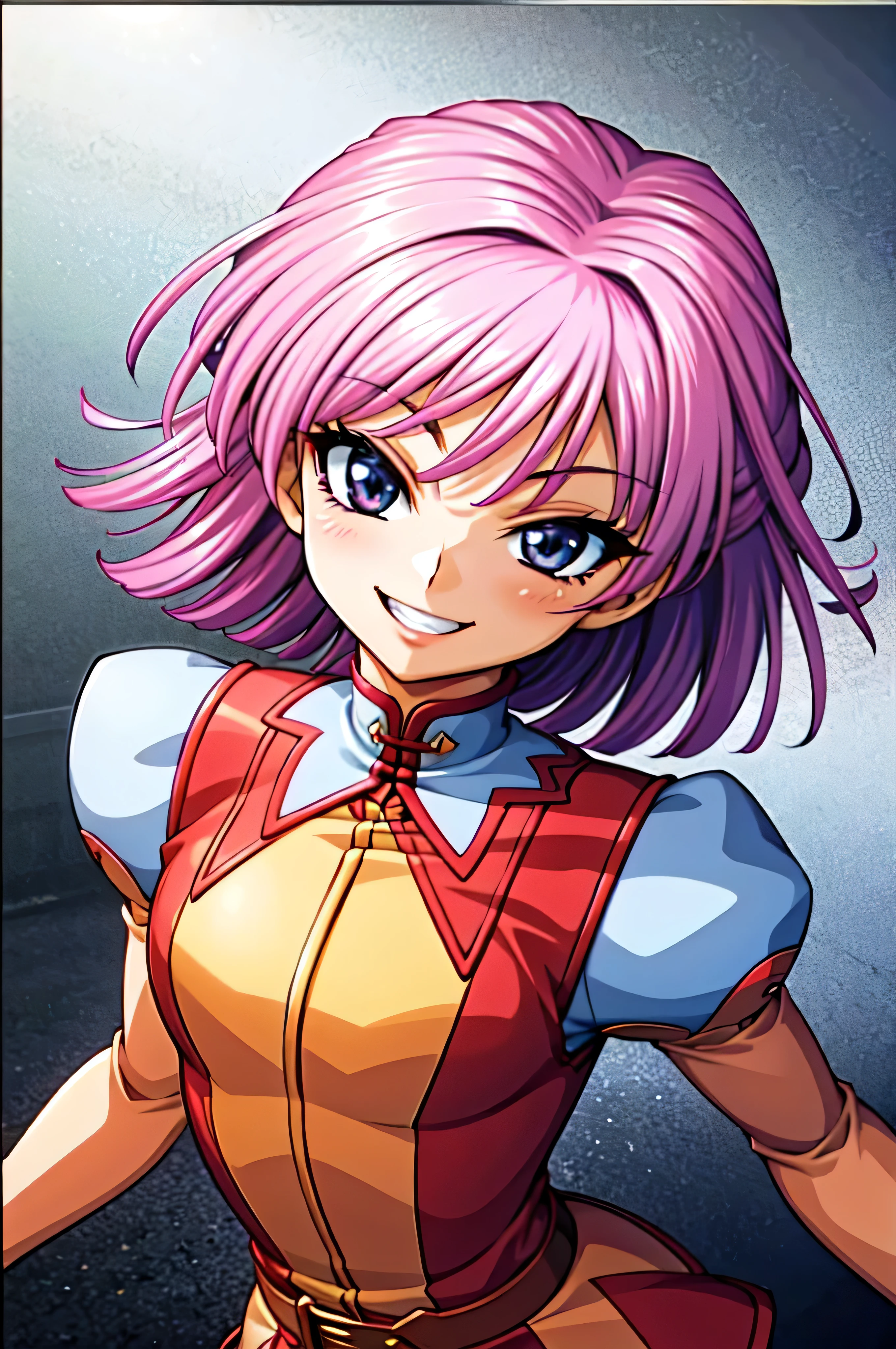 (best_quality 4K, 8K, High resolution, Masterpiece: 1.2), ultra detailed),from_below,(anime_screencap),(1girl,solo),dynamic_angle,very evil_smile,very evil laugh at,tis,deep shadeded_face,very sadistic,smile worst,,bob short hair,,black and pink background,looking at viewer,
