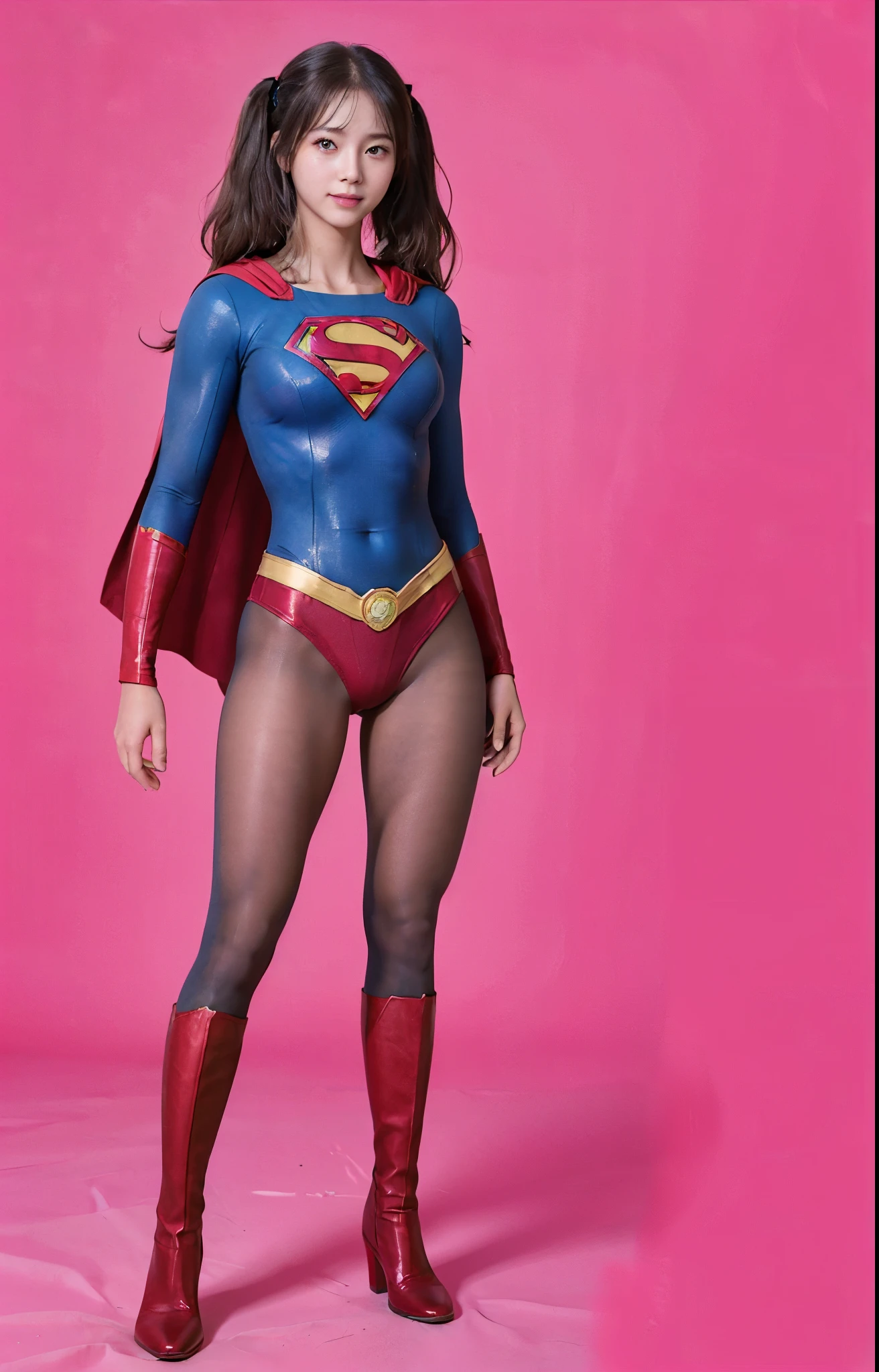 No background、(((Beautiful legs in black tights.)))、(((Legally express the beauty of your smile)))、((((Make the most of your original images)))、(((Body-hugging Supergirl costume)))、(((Supergirl Costume)))、(((Beautiful hair with twin tails)))、(((suffering)))、(((Please wear black tights....、Wear red boots)))、((Best image quality、8k))、((highest quality、8k、masterpiece:1.3))、(((Preserve background )))、Sharp focus:1.2、Beautiful woman with perfect figure:1.4、Slim Abs:1.2、Wet body:1.5、Highly detailed face and skin texture、8k