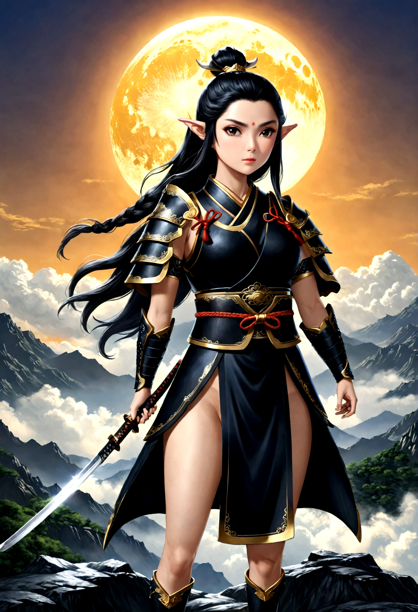 fantasy art, RPG art, dark fantasy art, a female elf samurai, ready to battle, she wears traditional samurai armor, armed with a katana, she stands on top of the mountain at dawn, exquisite beautiful female elf, long hair, black hair, straight hair, braided hair, black eyes, intense eyes, small pointed ears, fantasy mountain top at dawn background, moon, stars, clouds, god rays, soft natural light silhouette, dynamic angle, photorealism, panoramic view, ultra best realistic, best details, 16k, [ultra detailed], masterpiece, best quality, (extremely detailed), photorealism, 