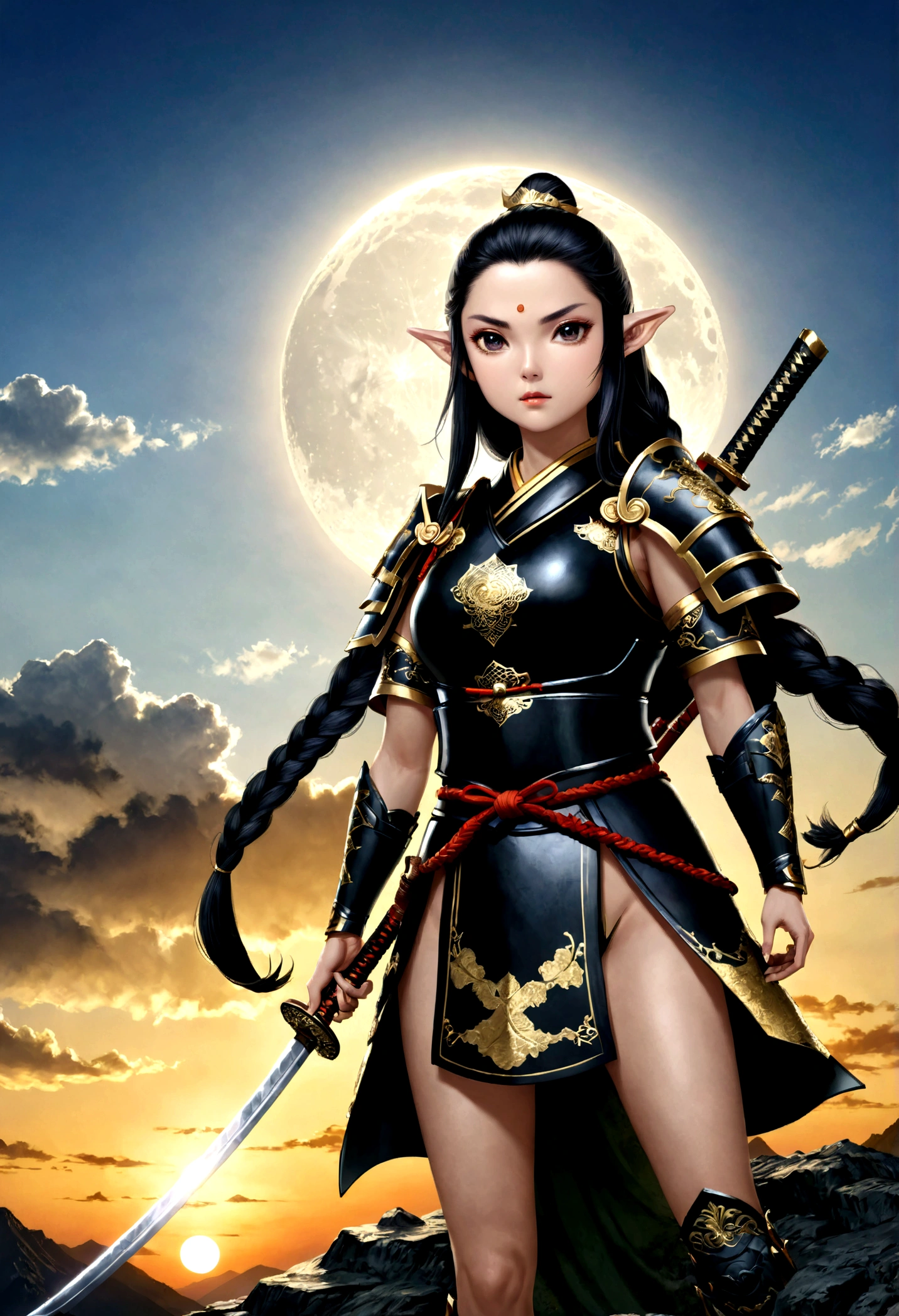 fantasy art, RPG art, dark fantasy art, a female elf samurai, ready to battle, she wears traditional samurai armor, armed with a katana, she stands on top of the mountain at dawn, exquisite beautiful female elf, long hair, black hair, straight hair, braided hair, black eyes, intense eyes, small pointed ears, fantasy mountain top at dawn background, moon, stars, clouds, god rays, soft natural light silhouette, dynamic angle, photorealism, panoramic view, ultra best realistic, best details, 16k, [ultra detailed], masterpiece, best quality, (extremely detailed), photorealism, 