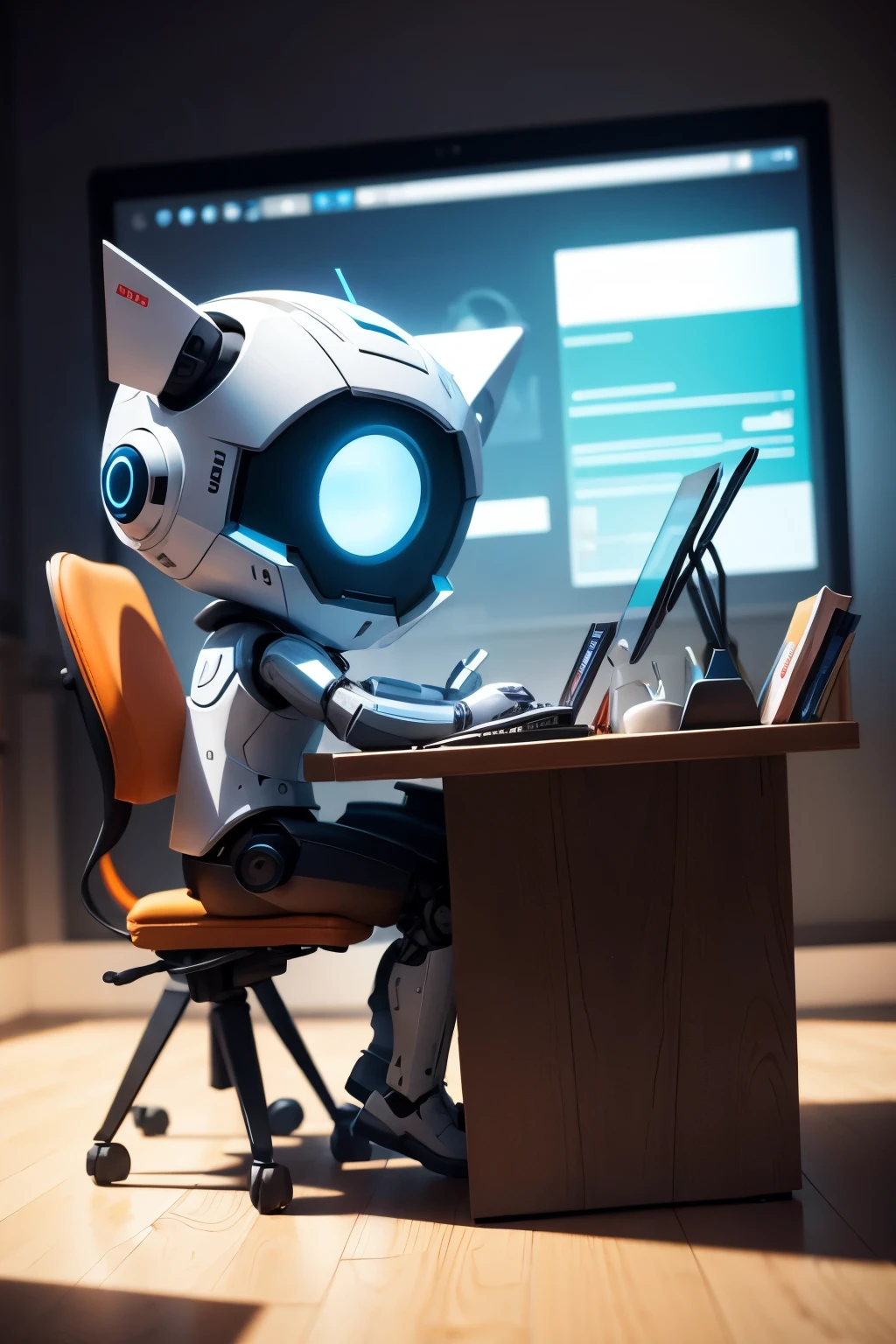 Un robot IA entrain de designer un logo sur un ordinateur, dans un bureau