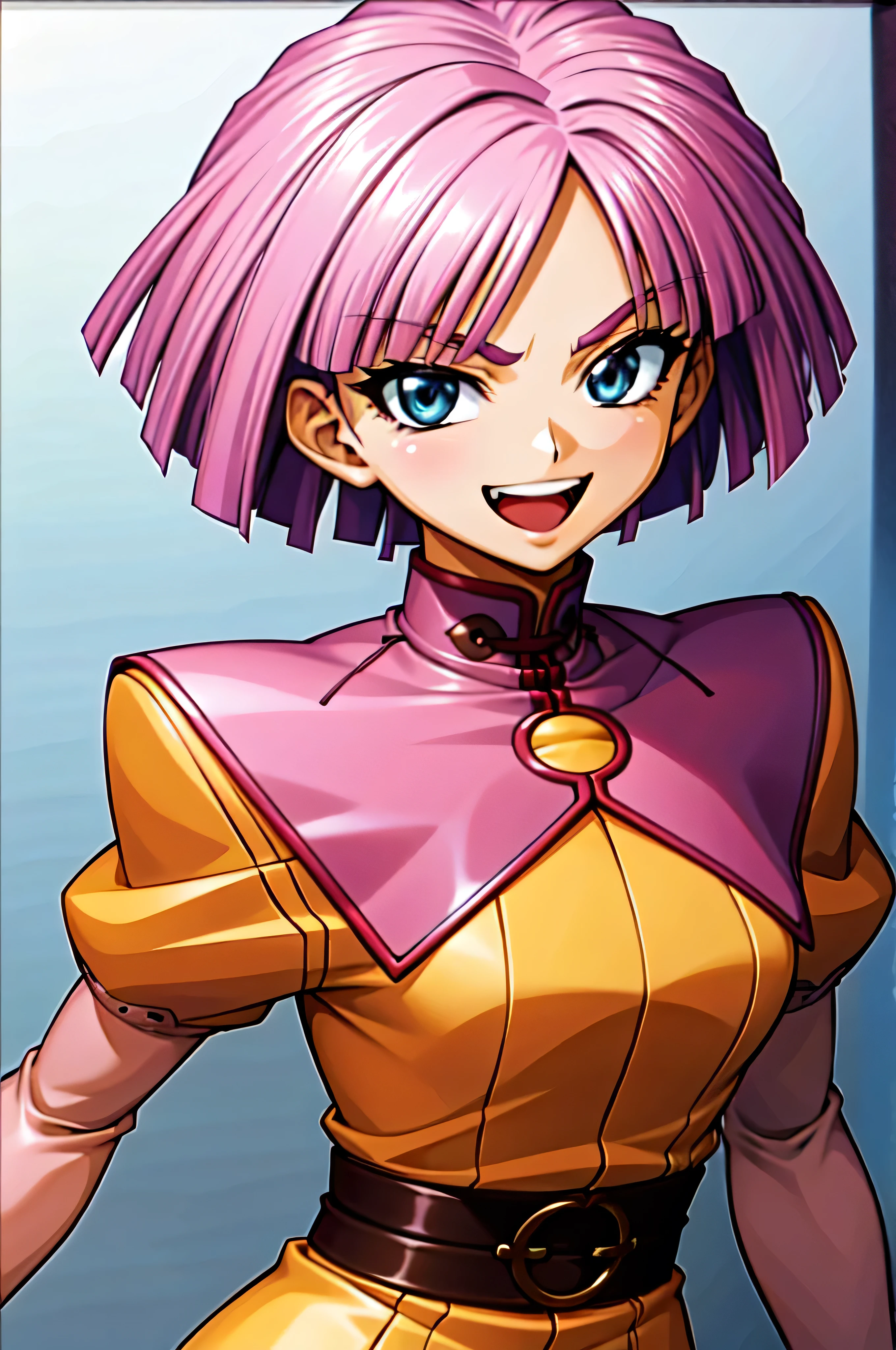 (best_quality 4K, 8K, High resolution, Masterpiece: 1.2), ultra detailed),from_below,(anime_screencap),(1girl,solo),dynamic_angle,very evil_smile,very evil laugh at,tis,deep shadeded_face,very sadistic,smile worst,,bob short hair,,black and pink background,looking at viewer,