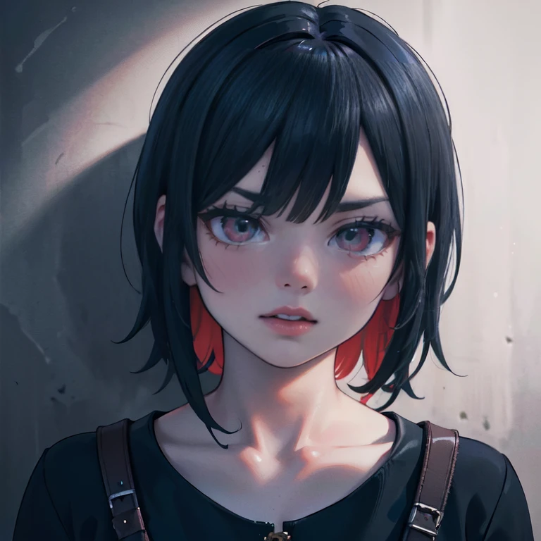 1 girl, demon, expression, evil, red eyes, black blue hair with highlights, (best quality,4k,8k,highres,masterpiece:1.2),ultra-detailed,(realistic,photorealistic,photo-realistic:1.37),intricate details, dark fantasy, chiaroscuro lighting, ominous atmosphere, dramatic contrast, deep shadows, moody colors, blue and red tones