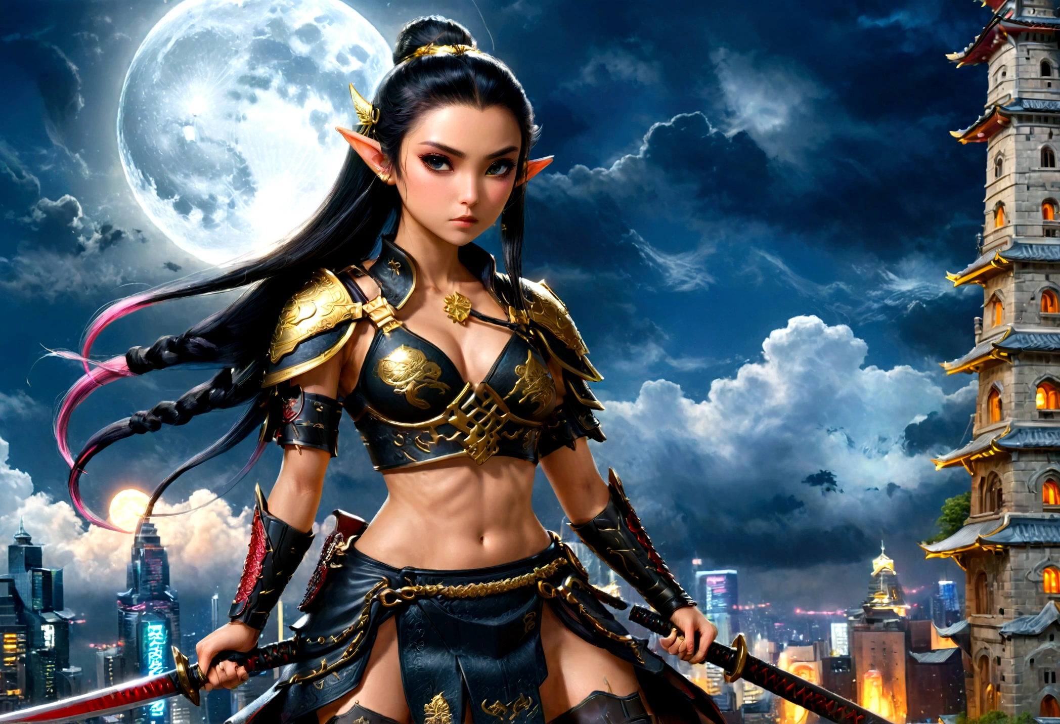 fantasy art, RPG art, dark fantasy art, a female elf samurai, ready to battle, she wears traditional samurai armor, she wears armored skirt, armed with a katana, she stands on top of a tower in a cyberpunk city, exquisite beautiful female elf, long hair, black hair, straight hair, braided hair, black eyes, intense eyes, small pointed ears, cyberpunk city at night, background, moon, stars, clouds, god rays, soft natural light, dynamic angle, photorealism, panoramic view, ultra best realistic, best details, 16k, [ultra detailed], masterpiece, best quality, (extremely detailed), photorealism, 