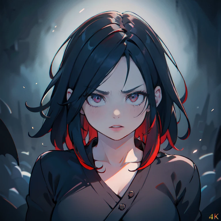 1 girl, demon, crazy expression, evil, red eyes, black blue hair with highlights, (best quality,4k,8k,highres,masterpiece:1.2),ultra-detailed,(realistic,photorealistic,photo-realistic:1.37),intricate details, dark fantasy, chiaroscuro lighting, ominous atmosphere, dramatic contrast, deep shadows, moody colors, blue and red tones