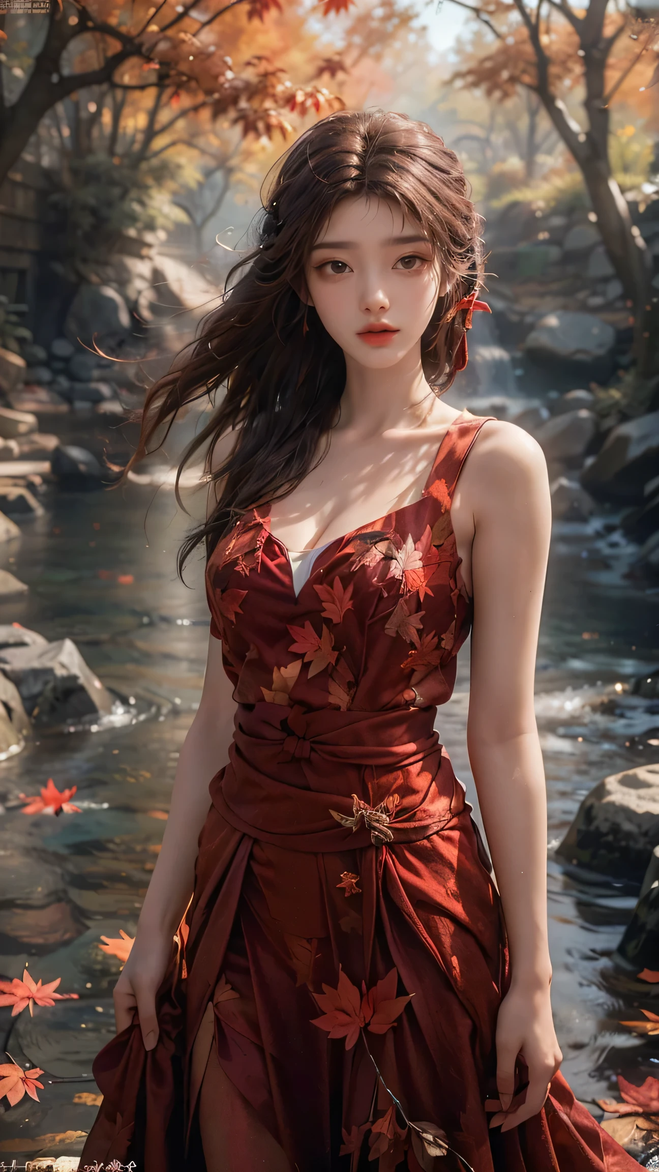 (fashion magazine cover:1.3),(full-size photograph:1.3),(a beautiful and delicate girl:1.2),(gorgeous formal attire:1.1),cleavage,(fashion design:1.1),a tender and watery gaze,elegant,
((Dadaism)),(creek:1.2),(free wind:1.1),(mist:1.1),warm and delicate sunshine,(red maple leaf:1.1),photography,