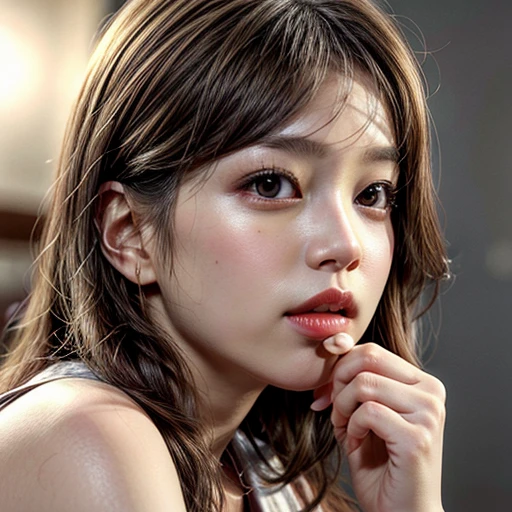 (highest quality,Super detailed,Physically Based Rendering:1.2), Realistic,Portraiture,Beautiful young woman with long wavy hair and captivating eyes,Delicate facial features,Soft lighting, Vibrant colors, ((Playfully licking fingers with tongue, Gently placing a finger in the mouth)),Subtle expressions of joy and anticipation,Romantic atmosphere, (Close-up shot of sensual lips),Cheeks turn slightly red,Sensual and sophisticated,A gentle and captivating gaze. centered, Studio gray background .