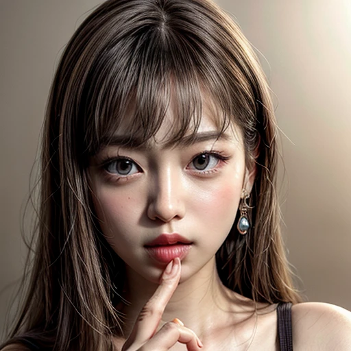 (highest quality,Super detailed,Physically Based Rendering:1.2), (RAW, Realistic, Photorealistic:1.37), (Acutance:0.85),Portraiture,Beautiful young woman with Delicate facial features,Soft lighting, ((Playfully licking finger with tongue, Gently placing a finger in the mouth)), (Close-up shot of sensual lips),Cheeks turn slightly red,A gentle and captivating gaze, cute BabyLike finger . Studio gray background, Light Particles, many blurred colorful Lights (dazzling bokeH) . BREAK . (((NOGIZAKA face variations)))  Extremely Detailed very KAWAII face variations, elaborate detailed Eyes with (sparkling highlights:1.2), (Voluminous long eyelashes:0.9)、Glossy RED Lips with beautiful details, Coquettish tongue, Rosy cheeks, Radiant PearlSkin with clear transparency, (Natural:0.7) Detailed FlawlessSkin with glowing DowneyHair . { (Dynamic LifeLike expressions) | :d) }, (large eyes:-1) . mouth_hold