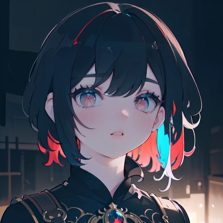 1 girl, demon, crazy expression, evil, red eyes, black blue hair with highlights, (best quality,4k,8k,highres,masterpiece:1.2),ultra-detailed,(realistic,photorealistic,photo-realistic:1.37),intricate details, dark fantasy, chiaroscuro lighting, ominous atmosphere, dramatic contrast, deep shadows, moody colors, blue and red tones