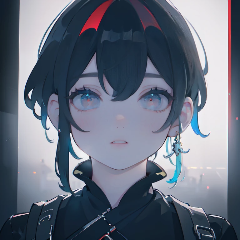 1 girl, demon, crazy expression, evil, red eyes, black blue hair with highlights, (best quality,4k,8k,highres,masterpiece:1.2),ultra-detailed,(realistic,photorealistic,photo-realistic:1.37),intricate details, dark fantasy, chiaroscuro lighting, ominous atmosphere, dramatic contrast, deep shadows, moody colors, blue and red tones