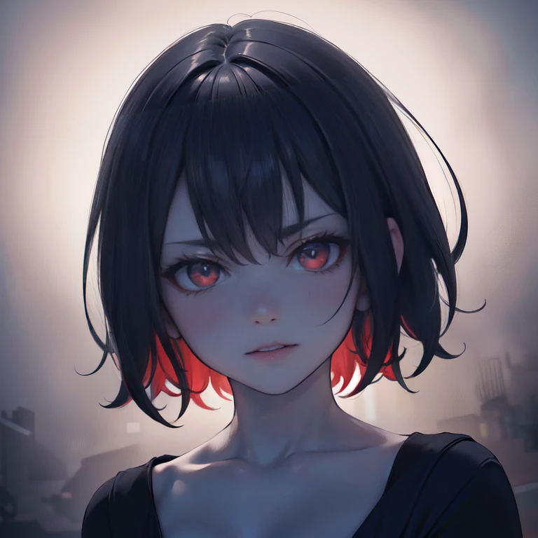 1 girl, demon, crazy expression, evil, red eyes, black blue hair with highlights, (best quality,4k,8k,highres,masterpiece:1.2),ultra-detailed,(realistic,photorealistic,photo-realistic:1.37),intricate details, dark fantasy, chiaroscuro lighting, ominous atmosphere, dramatic contrast, deep shadows, moody colors, blue and red tones