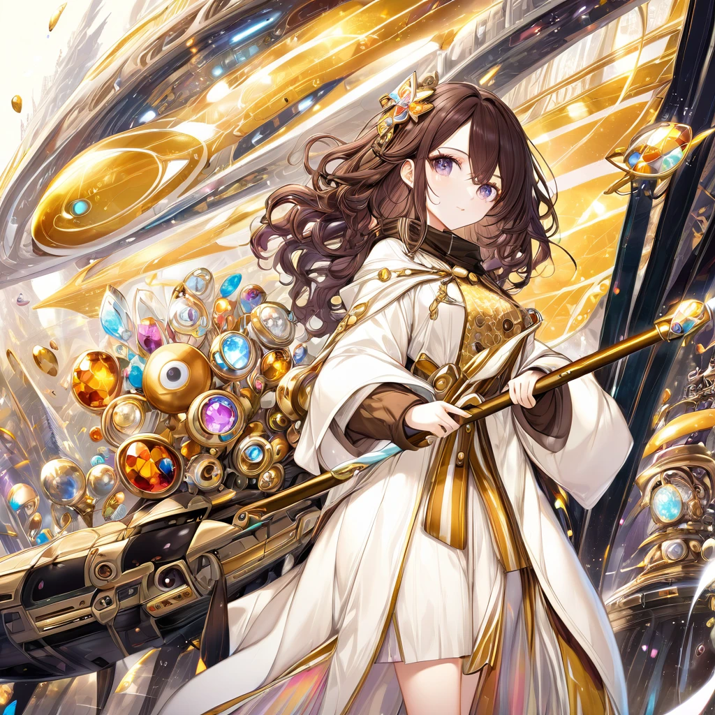 Una chica de anime,  in a medieval time with futuristic technology and environment of soft pastel colors and bright colors of white skin and dark brown wavy hair, ojos color marron tono miel, dressed in white and gold robes holding a staff of many colored crystals and a bag 