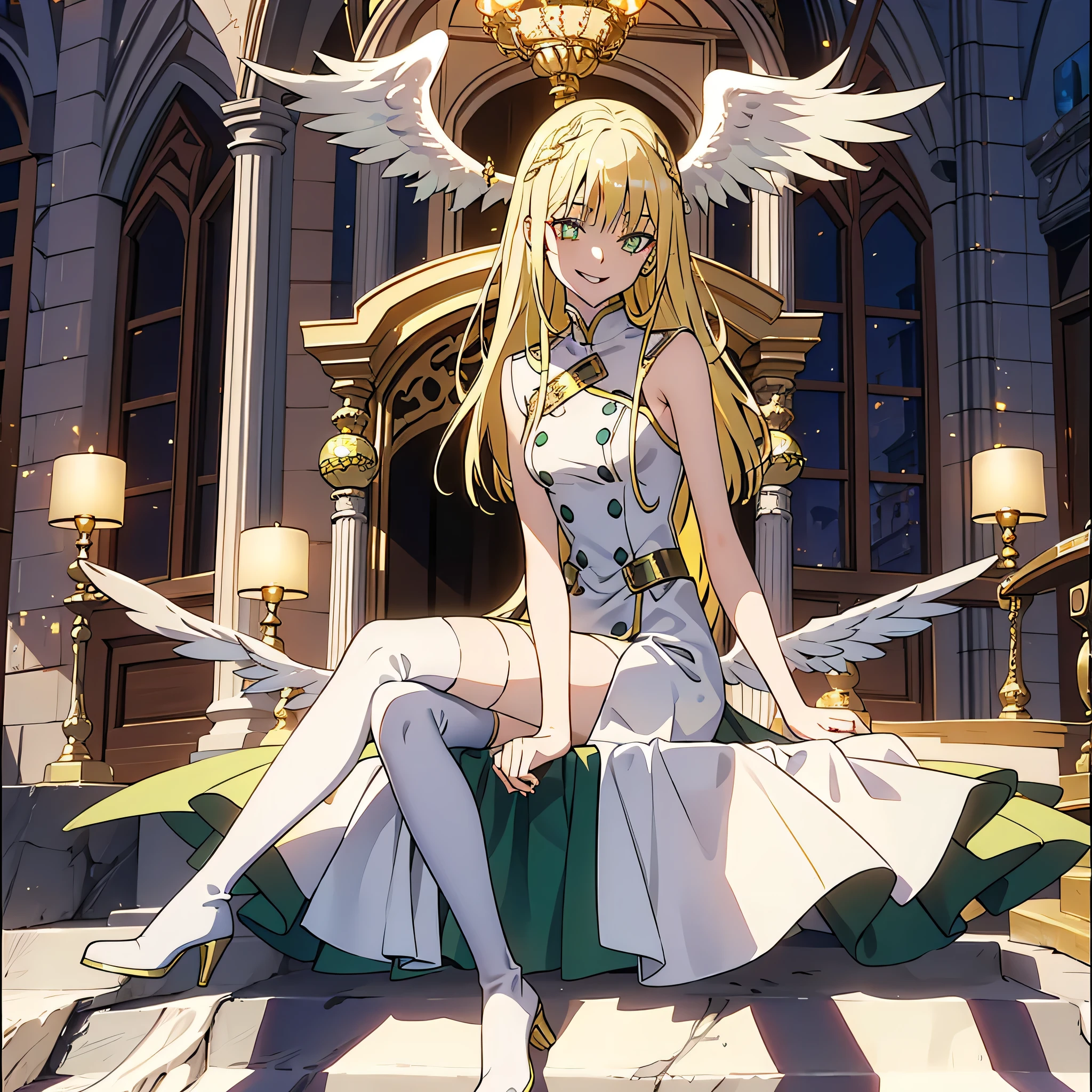 cathedral background,full body,whole body,slender,thin legs,Greenish-yellow hair，Yellow-green pupils，White clothes with green and yellow are embellished with gold and silver ornaments，She is a natural cute girl,((evil smile)),white thighhigh boots,full body,long hair,white angel wings,whole body,