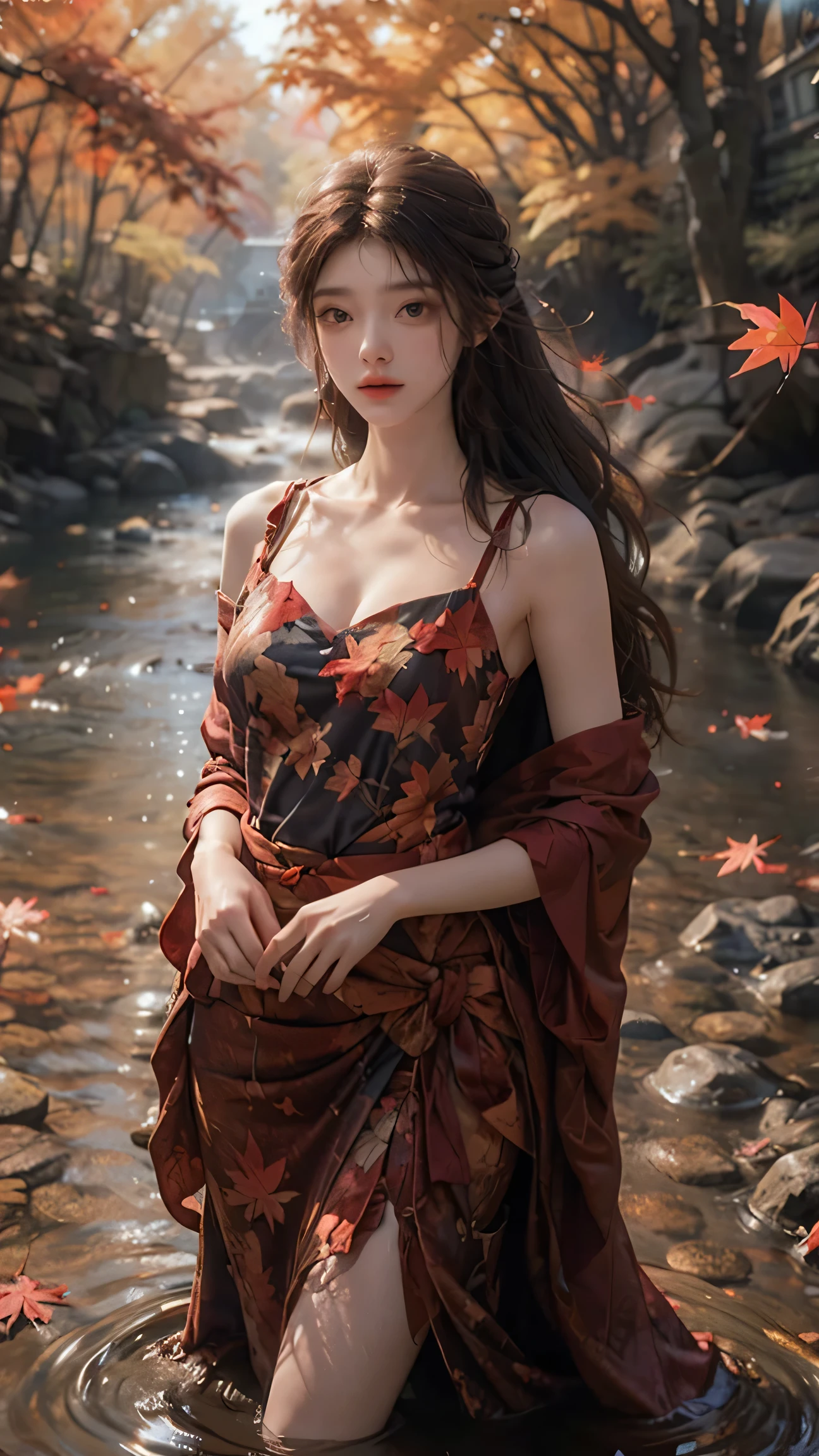 (fashion magazine cover:1.3),(full-size photograph:1.3),(a beautiful and delicate girl:1.2),(gorgeous formal attire:1.1),cleavage,(fashion design:1.1),a tender and watery gaze,elegant,
((Dadaism)),(creek:1.2),(free wind:1.1),(mist:1.1),warm and delicate sunshine,(red maple leaf:1.1),photography,