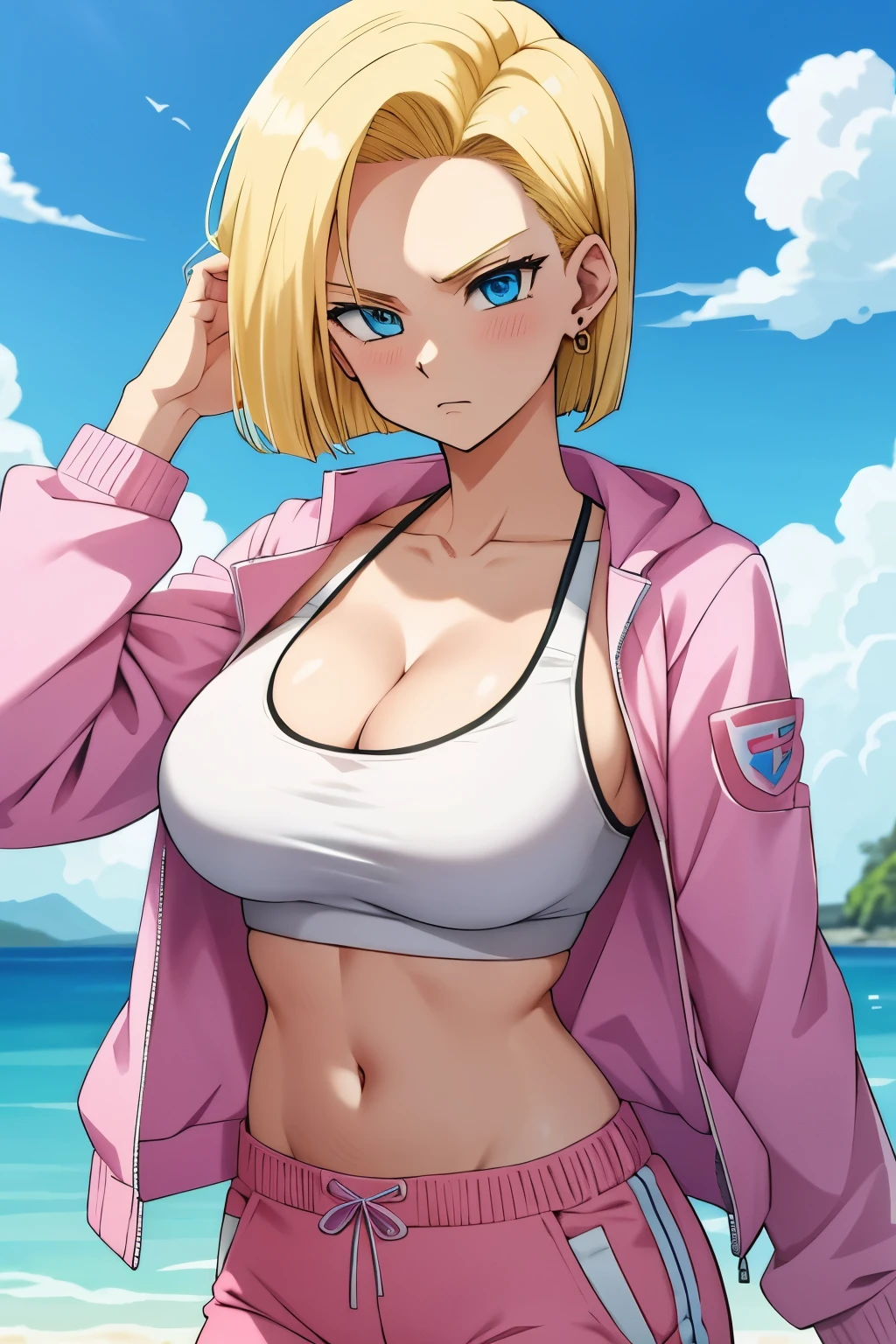 android 18, large breasts, on an island, sports bra, looking at viewer, short hair, solo, cleavage, blonde hair, pink pants, blue eyes, closed mouth, jewelry, 1girl, earrings, blush, jacket, pink jacket, collarbone