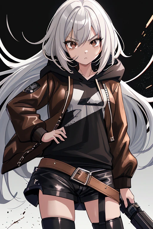 anime, 4k, HD, better quality, girl, anime wallpaper 4k, manga wallpaper 4k, half white hair and half black hair, long hair, grayish brown eyes, is wearing a brown leather jacket, the hood of the jacket with brown fur, serious, is wearing a black t-shirt, badass anime 8k, high quality sharp anime, best anime wallpaper 4k konachan, image from the waist up,
