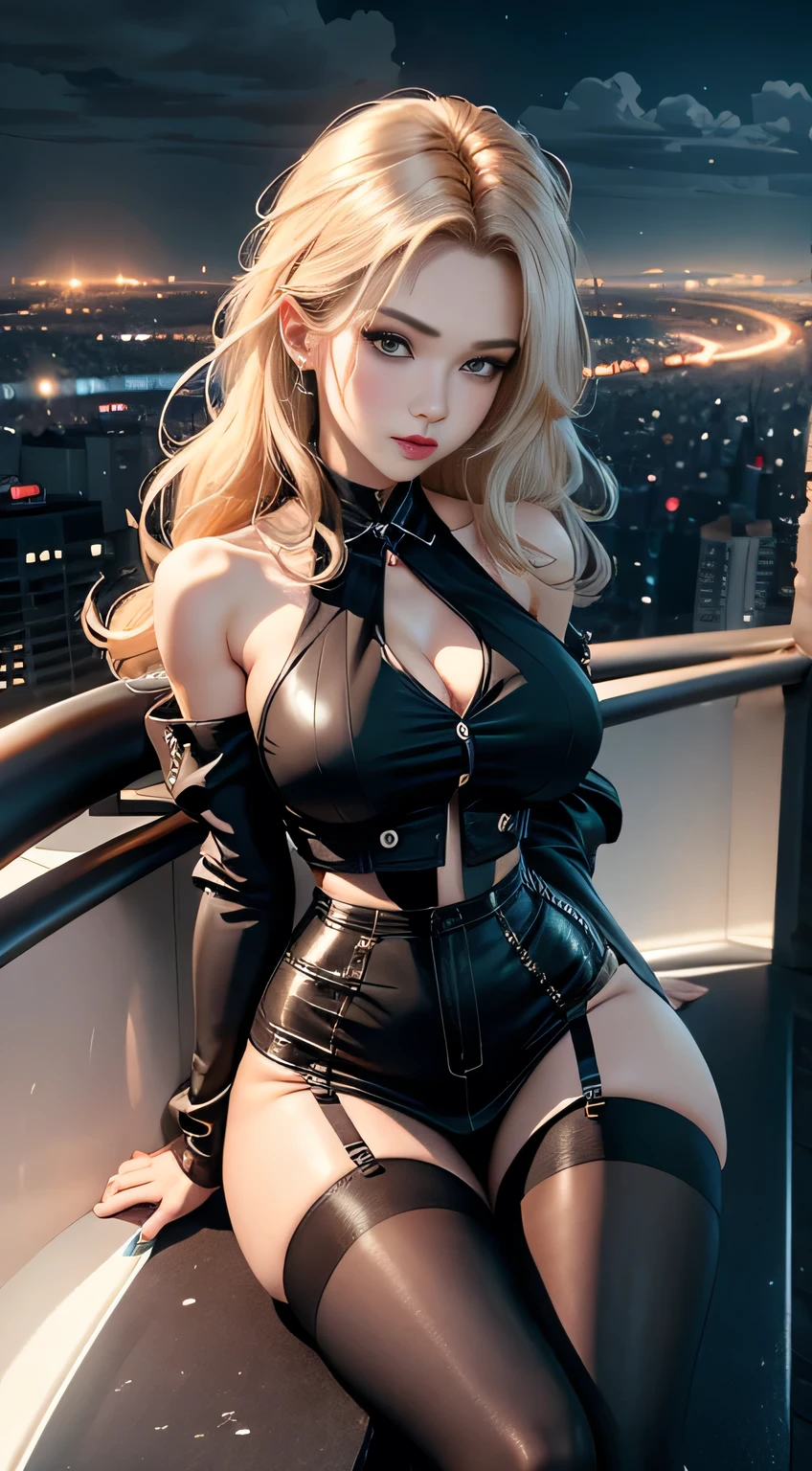 sfw, girl sitting city on background, on top of a building on night, style of 4 K, 4K wallpaper, epic artwork, Cloud, wallpaper 4 k, wallpaper 4K, Sky, art wallpaper 4k, art wallpaper 4k, hd wallaper, Guweiz in Pixiv ArtStation,blackstockings, wearing bra,((skinny waist)), young asian girl, ((big breasted)),