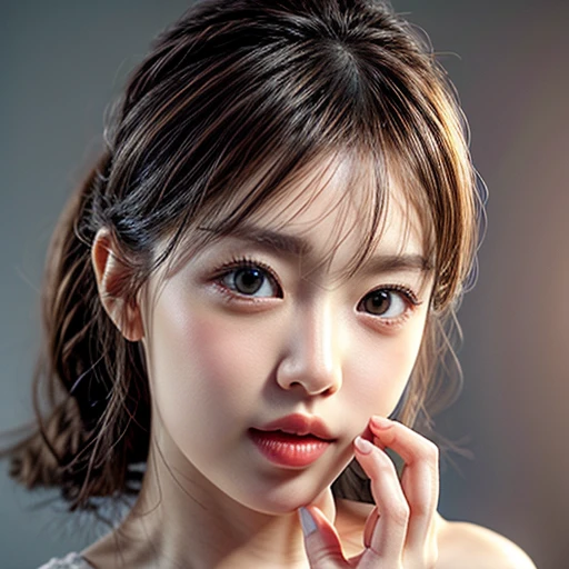 (highest quality,Super detailed,Physically Based Rendering:1.2), (RAW, Realistic, Photorealistic:1.37), (Acutance:0.85),Portraiture,Beautiful young woman with Delicate facial features,Soft lighting, ((Playfully licking finger with tongue, Gently placing a finger in the mouth)), (Close-up shot of sensual lips),Cheeks turn slightly red,A gentle and captivating gaze, cute Like finger . Studio gray background, Light Particles, many blurred colorful Lights (dazzling bokeH) . BREAK . (((NOGIZAKA face variations))) Extremely Detailed very KAWAII face variations, elaborate detailed Eyes with (sparkling highlights:1.2), (Voluminous long eyelashes:0.9)、Glossy RED Lips with beautiful details, Coquettish tongue, Rosy cheeks, Radiant PearlSkin with clear transparency, (Natural:0.7) Detailed FlawlessSkin with glowing DowneyHair . { (Dynamic LifeLike expressions) | :d) }, (large eyes:-1) . mouth_hold