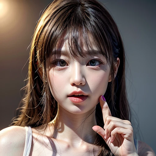 (highest quality,Super detailed,Physically Based Rendering:1.2), (RAW, Realistic, Photorealistic:1.37), (Acutance:0.85),Portraiture,Beautiful young woman with Delicate facial features,Soft lighting, ((Playfully licking finger with tongue, Gently placing a finger in the mouth)), (Close-up shot of sensual lips),Cheeks turn slightly red,A gentle and captivating gaze, cute Like finger . Studio gray background, Light Particles, many blurred colorful Lights (dazzling bokeH) . BREAK . (((NOGIZAKA face variations))) Extremely Detailed very KAWAII face variations, elaborate detailed Eyes with (sparkling highlights:1.2), (Voluminous long eyelashes:0.9)、Glossy RED Lips with beautiful details, Coquettish tongue, Rosy cheeks, Radiant PearlSkin with clear transparency, (Natural:0.7) Detailed FlawlessSkin with glowing DowneyHair . { (Dynamic LifeLike expressions) | :d) }, (large eyes:-1) . mouth_hold