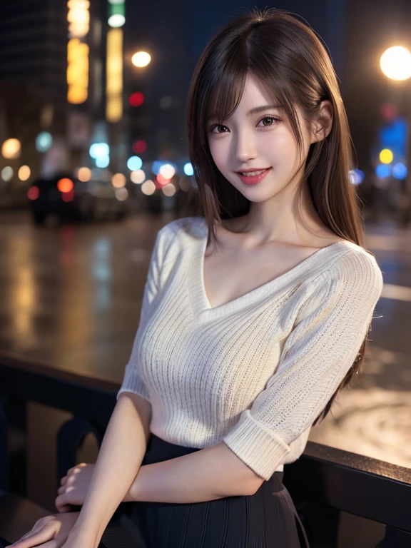 1 Japanese girl,(V-neck knit:1.4),(mini skirt) (RAW Photos, highest quality,8K), (Realistic, Realistic:1.4), Very delicate and beautiful, Very detailed, wonderful, In detail, Very detailedなCG Unity, High resolution, Soft Light, 美しくIn detail描かれた19歳の少女, Very detailedな目と顔, Beautiful and detailed nose, Real skin texture、Beautiful details,Cinema Lighting,City lights at night,Perfect Anatomy,Golden Ratio、Slender body,Medium to large breasts、Laugh with your mouth open、 (Random hairstyle)