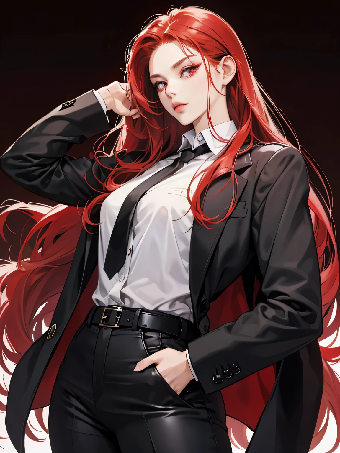 Real Tick、model poses、Cool woman with long straight hair with Red hair、sharp eye、sexy lip、Beautiful red eyes、eye line、long lashes、Wearing a black business jacket with open buttons、White shirt and black tie、Studsbelt、Silver Wallet Chain、I'm wearing tight black business pants、no background