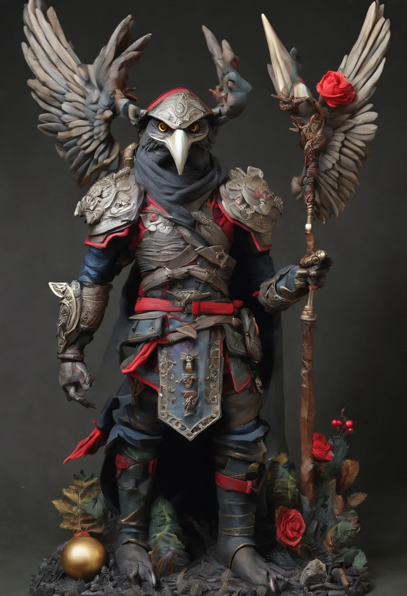 “anthropomorphic_Eagle vivid eyes face detail”, horns wearing a beige leather armor, a dark blue mantle and a red-lived scarf holding a medieval dagger. Dark envoused forest at night in front of a huge moon, foliage, gloomy and dark environment, high in detail and improvement enhaced.