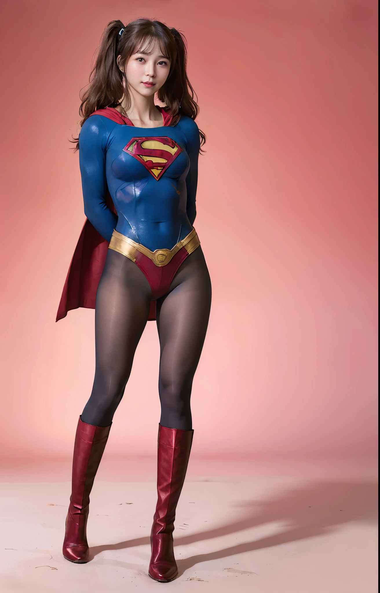 No background、(((Beautiful legs in black tights.)))、(((Legally express the beauty of your smile)))、((((Make the most of your original images)))、(((Body-hugging Supergirl costume)))、(((Supergirl Costume)))、(((Beautiful hair with twin tails)))、(((suffering)))、(((Please wear black tights....、Wear red boots)))、((Best image quality、8k))、((highest quality、8k、masterpiece:1.3))、(((Preserve background )))、Sharp focus:1.2、Beautiful woman with perfect figure:1.lim Abs:1.2、Wet body:1.5、Highly detailed face and skin texture、8k