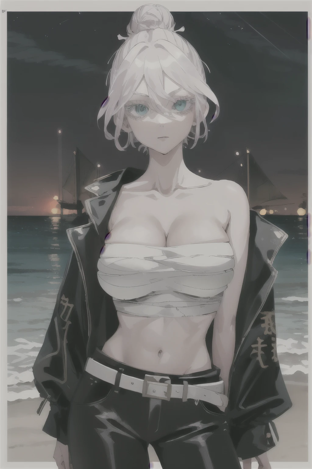 masterpiece, best quality, highres, 1girl, solo, short hair, white hair, hair bun, hair between eyes, colored eyelashes, aqua eyes, cleavage, sarashi, (big breasts: 1.5), bandages, black jacket, open clothes, long sleeves, midriff, belt, black pants, standing, cowboy shot, outdoors, (beach: 1.2), night