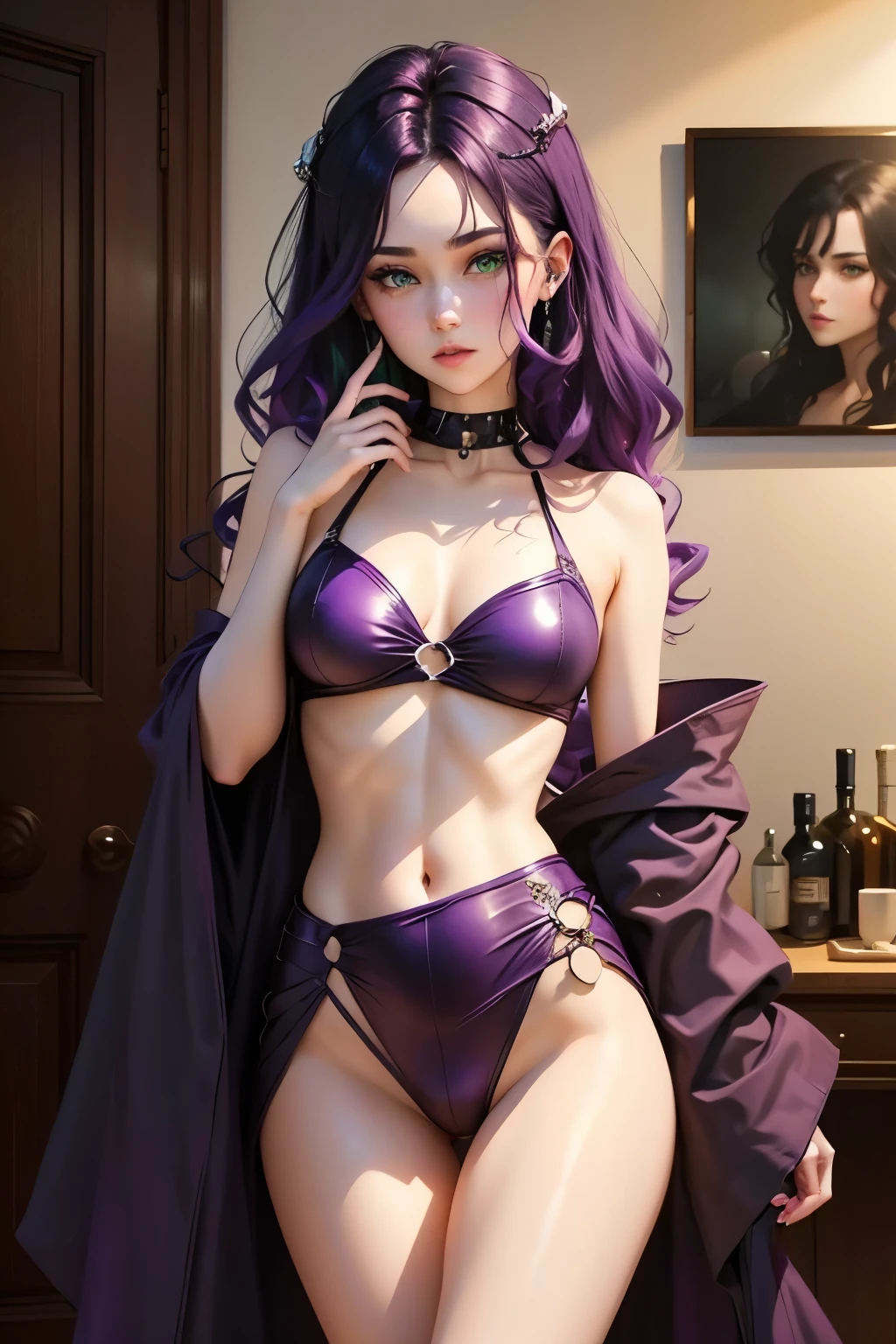 Dark  purple hair  green eyes, 