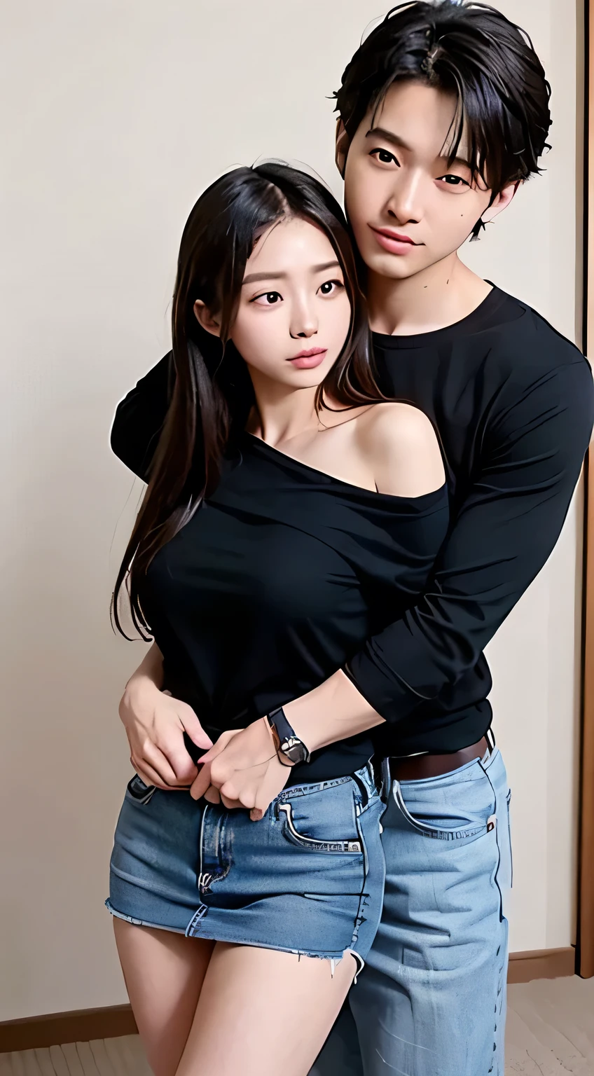 masterpiece，highest quality，Advanced Details，1 male，1 female，((Empty room:1.4))、((Japanese woman with straight medium-long hair:1.4))，18-year-old female:1.7、((A woman wearing a white open-front short-sleeved off-the-shoulder shirt and a denim miniskirt:1.4))，Japanese middle-aged 1 male，Short-haired man with black hair，That man is very handsome，((A man hugs a woman&#39;s shoulders 1.4))，The woman is short，The man is tall，Reflects the height difference between men and women，The woman&#39;s height is 160cm.，The man is 175cm tall.，((They are both standing in the empty room.:1.5))、Women play a leading role、Women are skinny，Small breasted women、