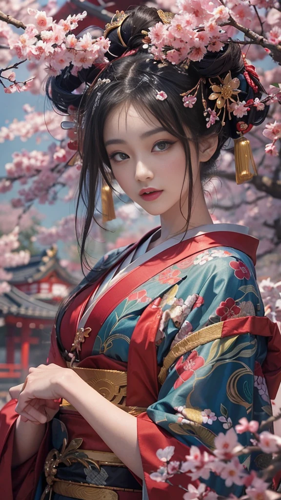 In a futuristic scene, Mechanically Enhanced Japanese Geisha、Elegant in an elaborate garden. She has beautiful eyes and lips that complement her face. Geisha wear traditional kimonos with intricate patterns and designs. Around her are bright Cherry tree and a quiet carp pond. The scene is a mix of illustration and photorealism., Extremely detailed and clear brushwork, Vibrant colors. The lighting accentuates the geisha's elegant features, Gives porcelain skin a soft glow. The artwork is of the highest quality, 4K or 8K resolution, Showcasing the intricate details of geisha costumes, Cherry tree, And the glittering scales of the carp. The overall color scheme is、A combination of traditional Japanese colors, crimson, wait., Black, Subtle gold accents, With a futuristic twist. The fusion of ancient traditions and modern technology、Create captivating and visually striking masterpieces.
