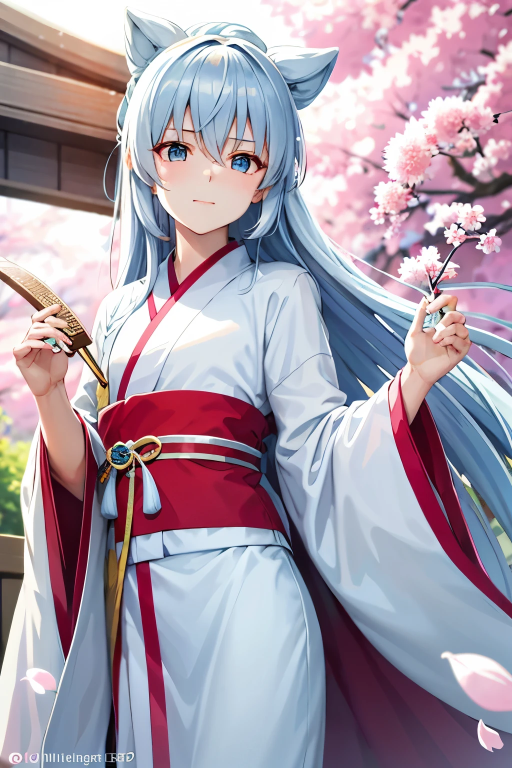 Long-haired Chico with white hair and blue highlights, subtly feminine and slender, adorned in a snowflake-patterned blue and white kimono. Celestial blue eyes gaze intently, and he wields a fan as a weapon with an air of confidence. Indoors, this character stands against a background of cherry blossoms in full bloom, adding a touch of serenity to the scene. The harmony of the white kimono with the falling petals of pink blossoms creates a striking contrast, enhancing the beauty of the image. A hint of red blush on his cheeks and a soft, enchanting smile add to his alluring