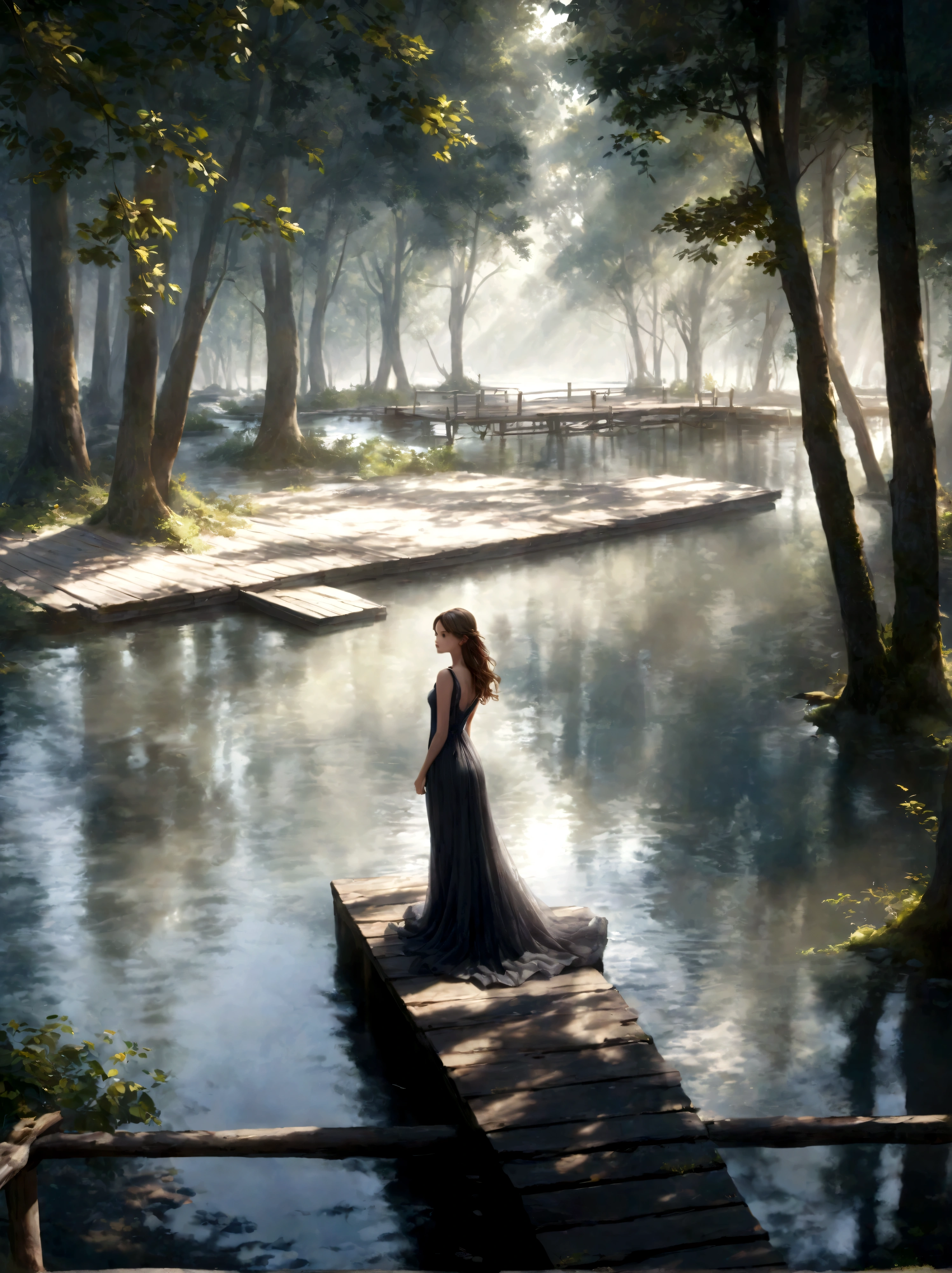 a girl standing on a wooden dock overlooking a river, dense forest in the distance, sunlight filtering through the trees, detailed facial features, elegant dress, serene expression, (best quality,8k,highres,masterpiece:1.2),ultra-detailed,(realistic,photorealistic,photo-realistic:1.37),intricate details,cinematic lighting,dramatic shadows,vibrant colors,serene landscape