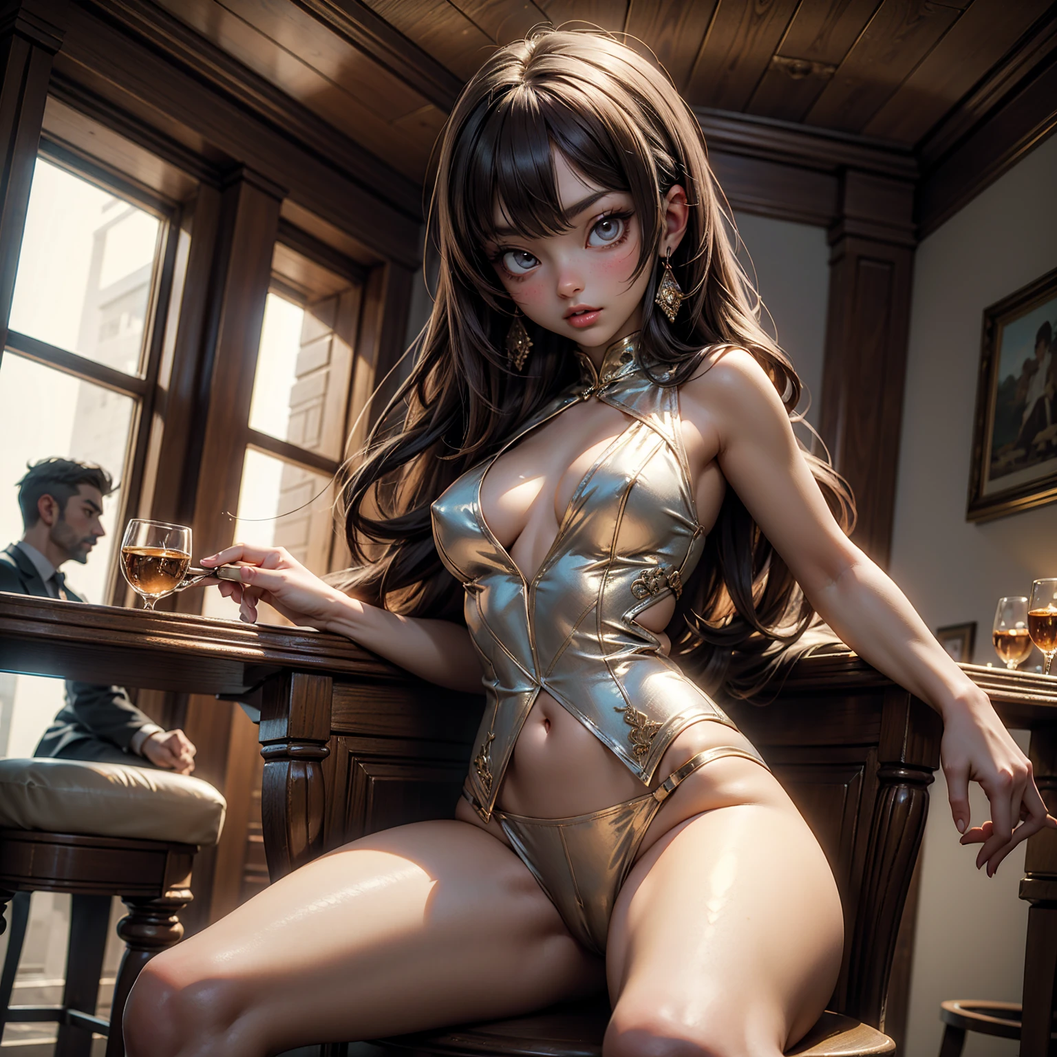 best quality, masterpiece, anime, young female sitting in a high barstool, sexy attire, sensual, alluring glaze, spread legs, (surronded by men staring at her viciously)