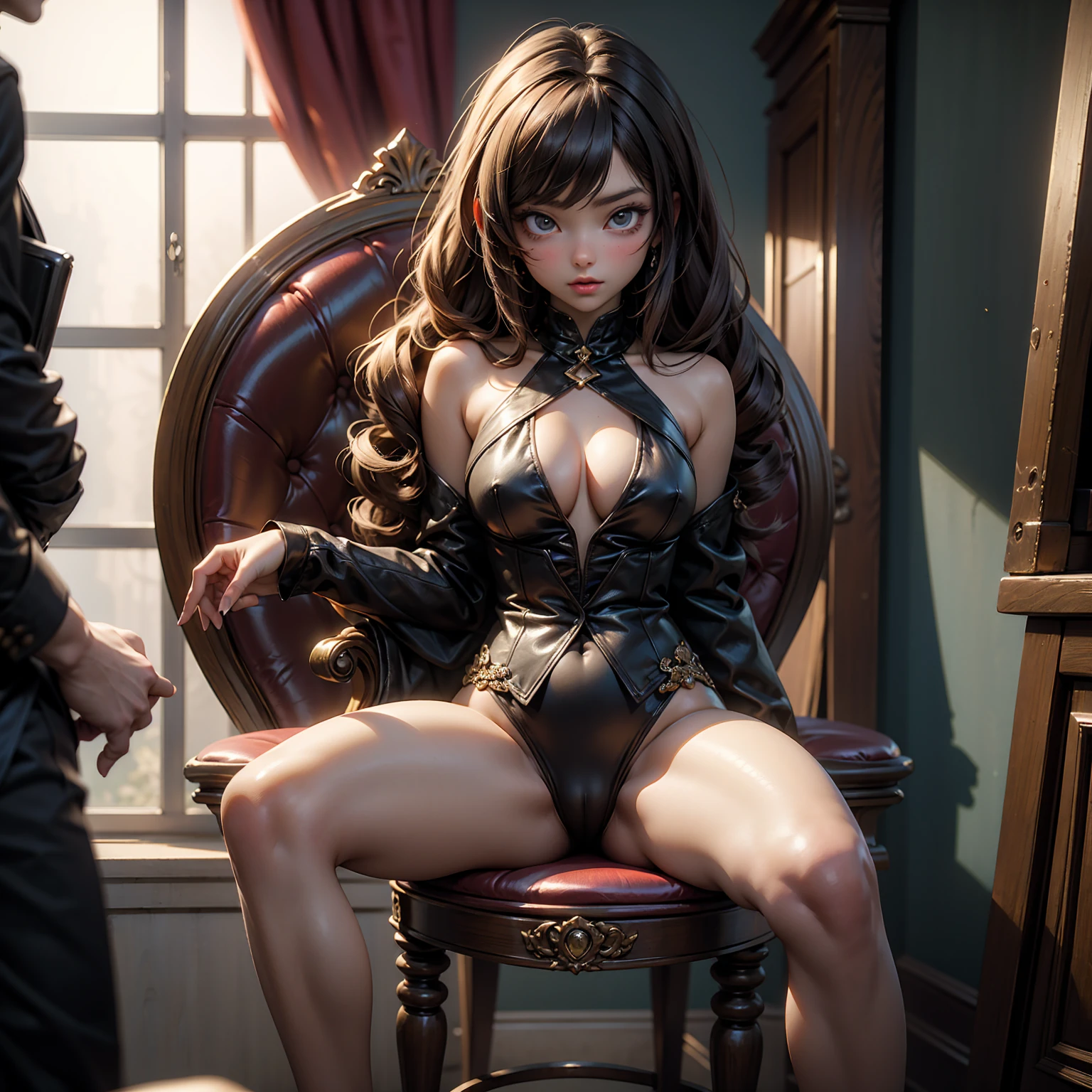best quality, masterpiece, anime, young female sitting in a high barstool, sexy attire, sensual, alluring glaze, spread legs, (surronded by men staring at her viciously)