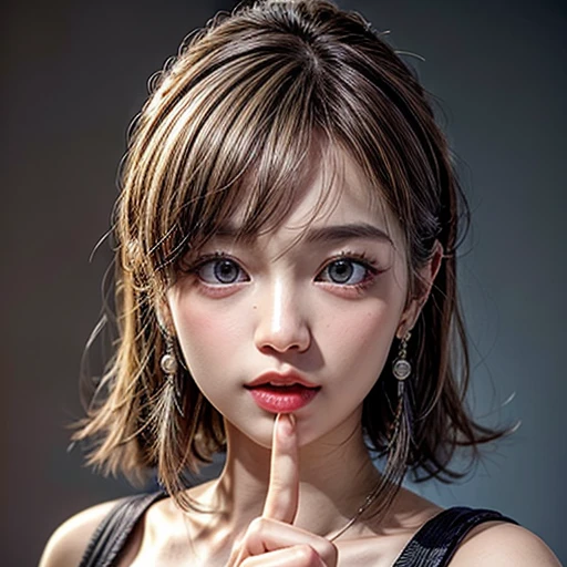 (highest quality,Super detailed,Physically Based Rendering:1.2), (RAW, Realistic, Photorealistic:1.37), (Acutance:0.85),Portraiture,Beautiful young woman with Delicate facial features,Soft lighting, ((Playfully licking finger with tongue, Gently placing a finger in the mouth)), (Close-up shot of sensual lips),Cheeks turn slightly red,A gentle and captivating gaze, cute BabyLike finger . Studio gray background, Light Particles, many blurred colorful Lights (dazzling bokeH) . BREAK . (((NOGIZAKA face variations)))  Extremely Detailed very KAWAII face variations, elaborate detailed Eyes with (sparkling highlights:1.2), (Voluminous long eyelashes:0.9)、Glossy RED Lips with beautiful details, Coquettish tongue, Rosy cheeks, Radiant PearlSkin with clear transparency, (Natural:0.7) Detailed FlawlessSkin with glowing DowneyHair . { (Dynamic LifeLike expressions) | :d) }, (large eyes:-1) . mouth_hold