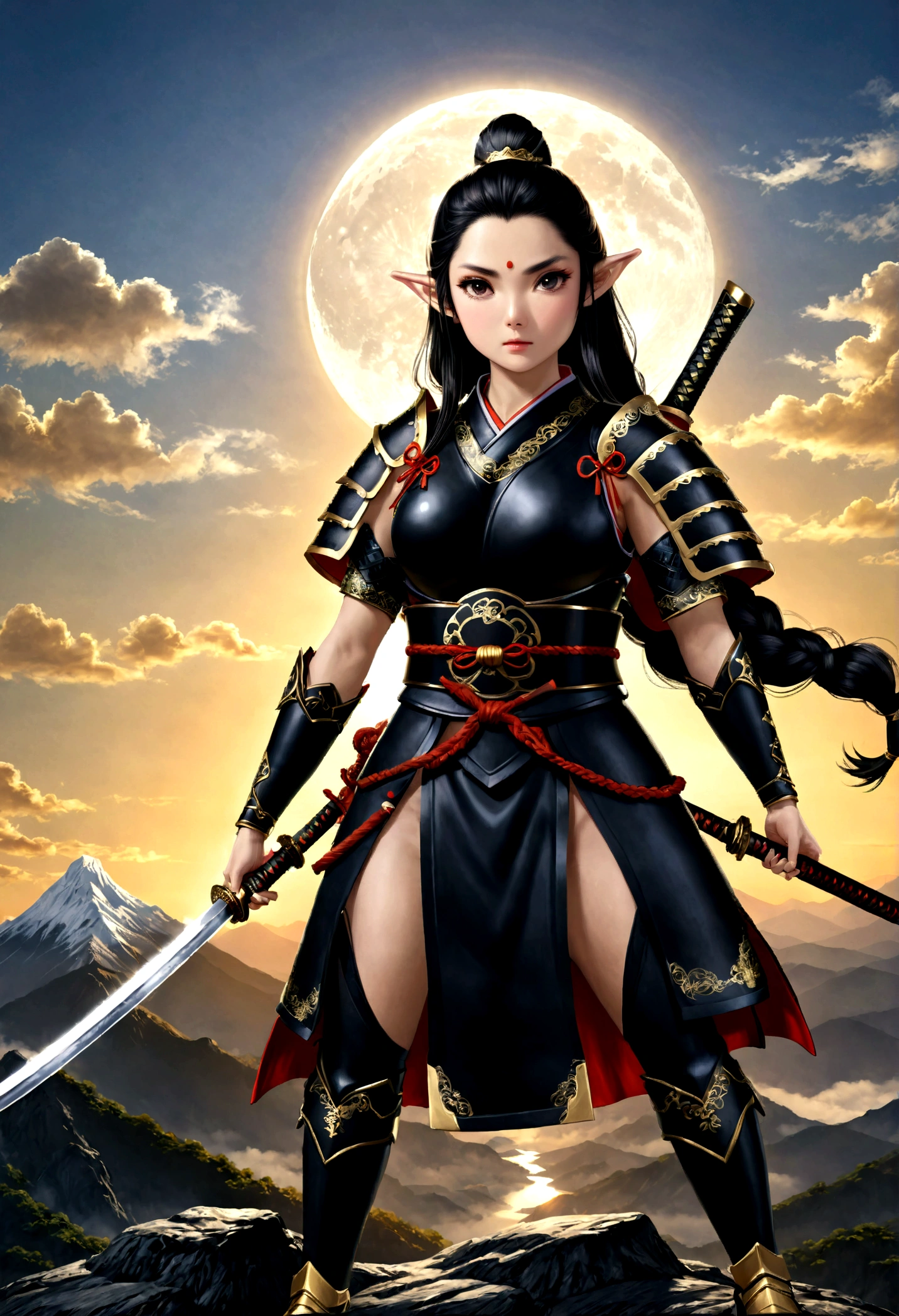 fantasy art, RPG art, dark fantasy art, a female elf samurai, ready to battle, she wears traditional samurai armor, armed with a katana, she stands on top of the mountain at dawn, exquisite beautiful female elf, long hair, black hair, straight hair, braided hair, black eyes, intense eyes, small pointed ears, fantasy mountain top at dawn background, moon, stars, clouds, god rays, soft natural light silhouette, dynamic angle, photorealism, panoramic view, ultra best realistic, best details, 16k, [ultra detailed], masterpiece, best quality, (extremely detailed), photorealism, 