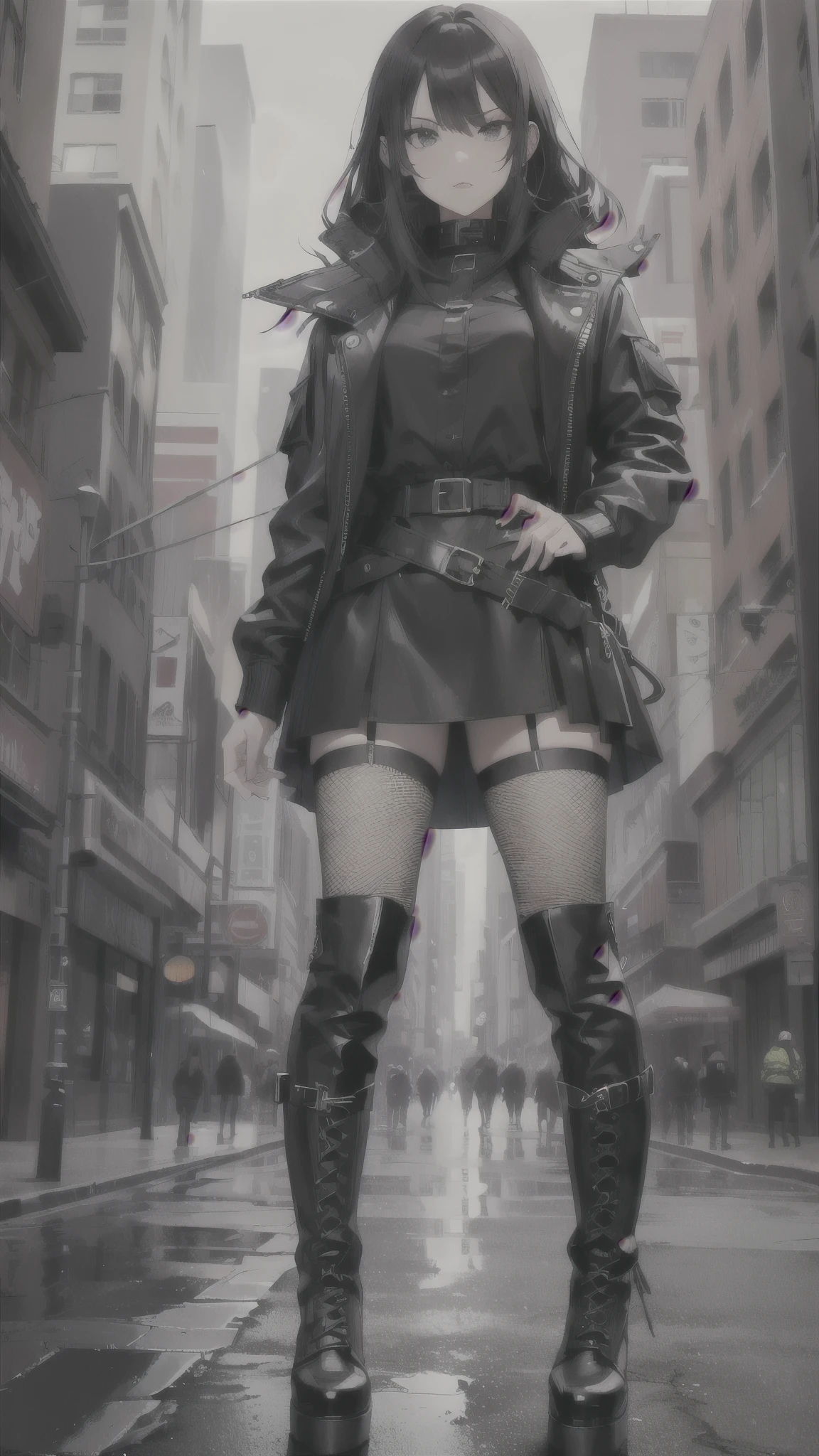 araffe woman standing on the ground wearing black boots, wearing tall combat boots, massive boots, high boots, heavy boots, killer boots, wearing black boots, goth girl aesthetic, postapocalyptic vibes, platform boots, black boots, goth aesthetic, combat boots, she wears boots, wearing boots, white blouse and gothic boots, edgy, leather clothing and boots,wearing fishnets pantyhose,fishnets pantyhose