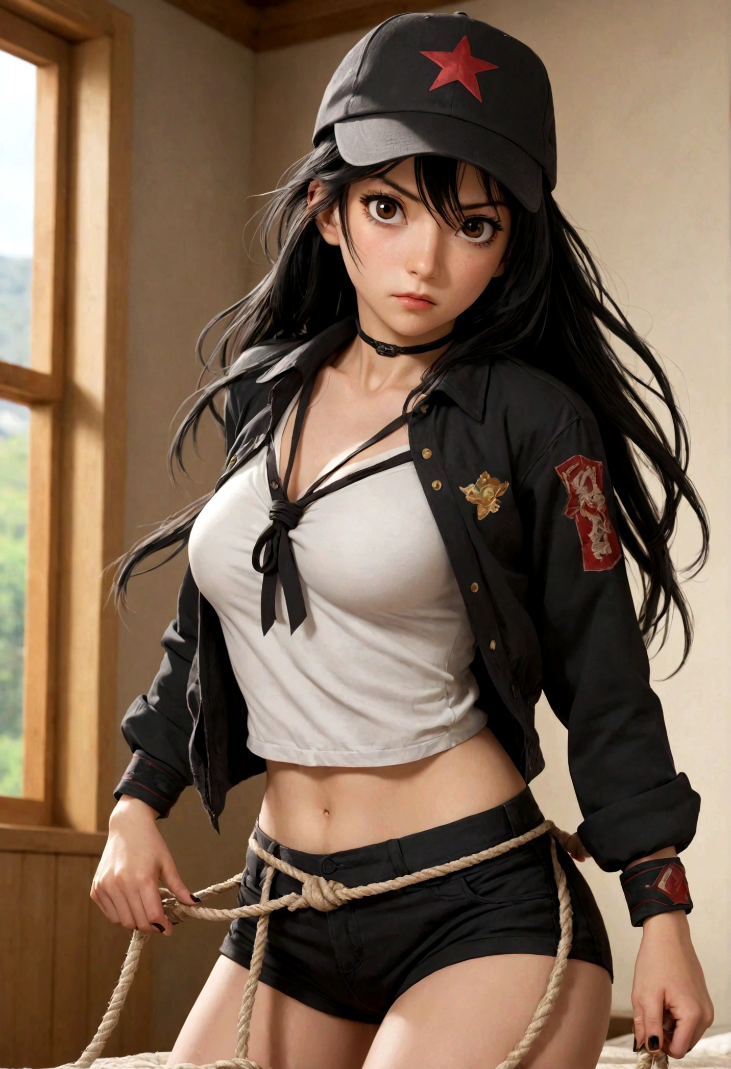 absurdres, 8k, 4k, masterpiece, hyper extreme detailed:1. 2), solo, 1girl, front view, perfect face, 1girl, portrait, expressive eyes, looking at viewer, solo, brown eyes, standing, mature woman, pale, long black hair, casual clothes, adult, looking forward, front view, confident, cautious, rational, wind, swept fringes, mature body, tomboy, adult, black nails, black shorts, jacket, baseball cap, shoulder strap, braces, ayuzawa_misaki. Housekeeper, adult, medium bust, long hair, long black hair, graphic t-shirt, half body, cowboy photo, bedroom background, bondage, tied up, restrained, shibari, gagged,